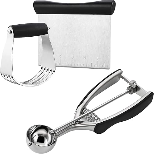 Spring Chef Juego de batidora de masa de acero inoxidable y raspador de banco y cuchara pequeña multifuncional para galletas, paquete de 2