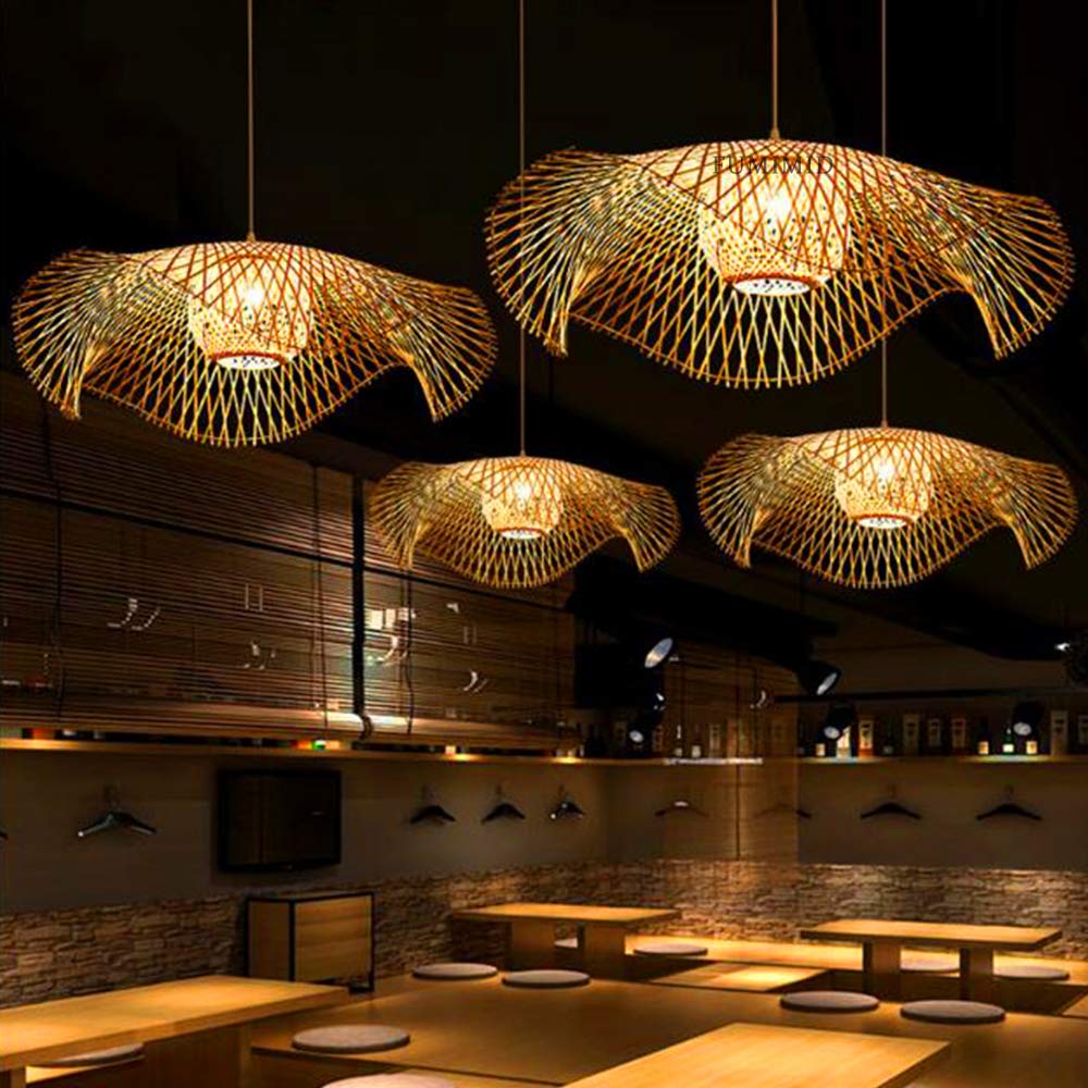 Plafonnier en Bambou Suspension Rétro E27 Lustre Rotin Naturel Éclairage Campagne Lampe Tissé à la Main pour Chambre Restaurant Salon Café Décoration Économie D'énergie,B,100cm