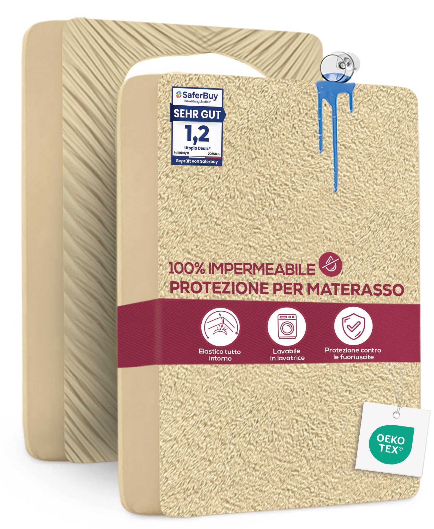Utopia Bedding Coprimaterasso Singolo Impermeabile 135 x 190 x 40 cm, Certificato OEKO-TEX, Proteggi Materasso, Traspirante, Lavabile, Stile Montato Tutto Intorno Elastico Beige