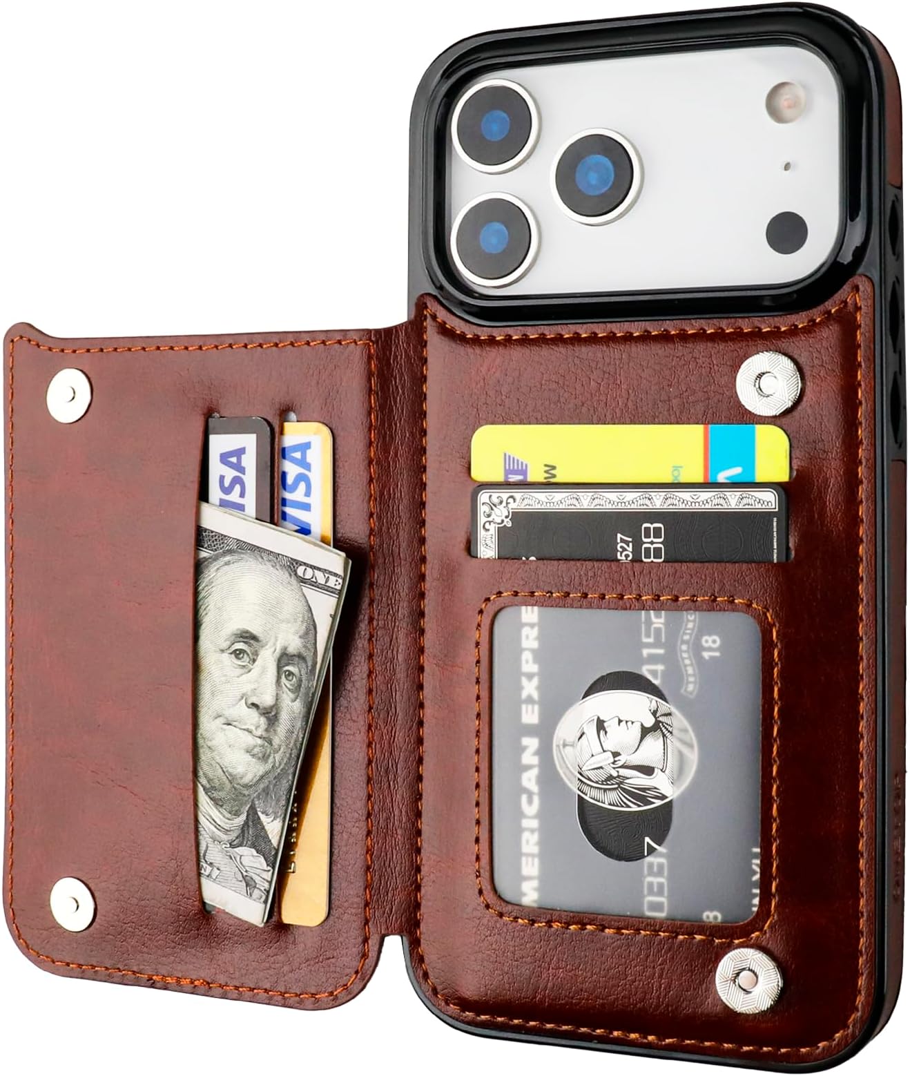 ONETOP Compatible with iPhone 17 Pro Max Wallet Case with Card Holder, PU Leather Kickstand Card Slots Case, Double Magnetic Clasp and Durable Shockproof Cover 6.9 Inch (Brown)