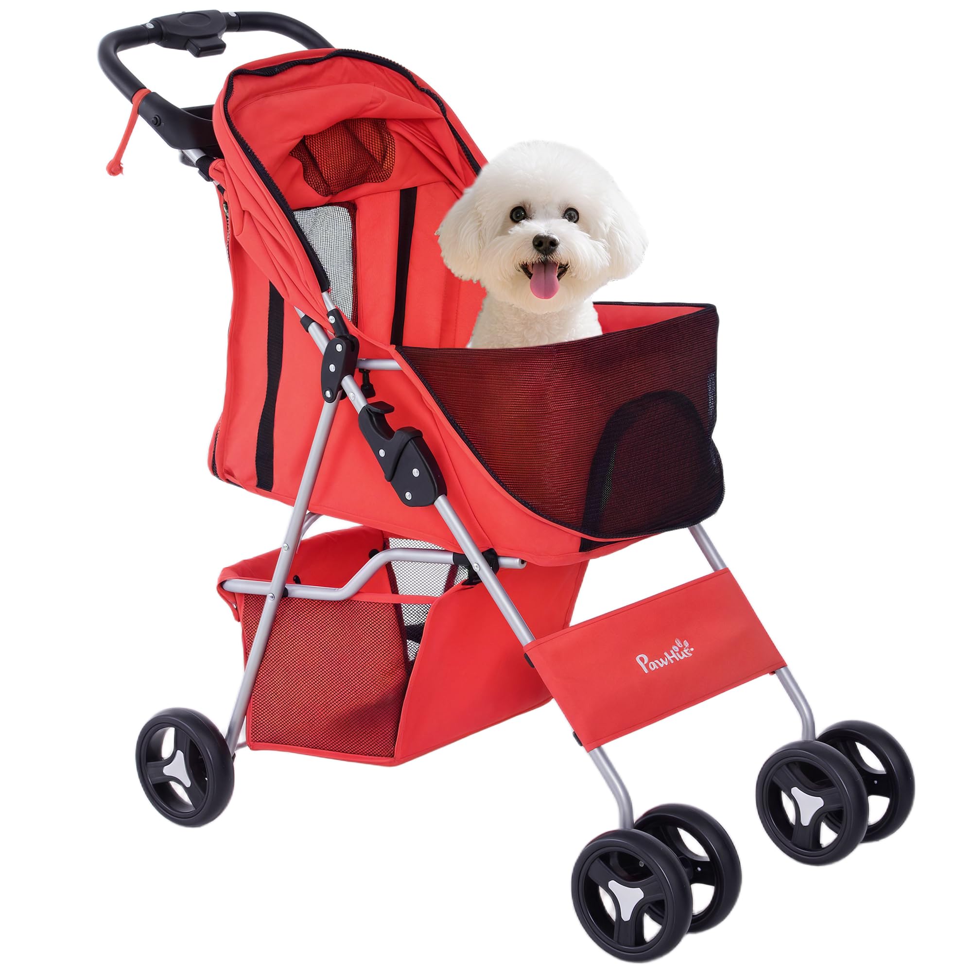 PawHut Carrito para Perros Plegable Cochecito para Mascotas Carrito para Perros Pequeños con Toldo Ajustable Cesta de Almacenaje 2 Ruedas Universales Carga 15 kg 77x45x99,5 cm Rojo