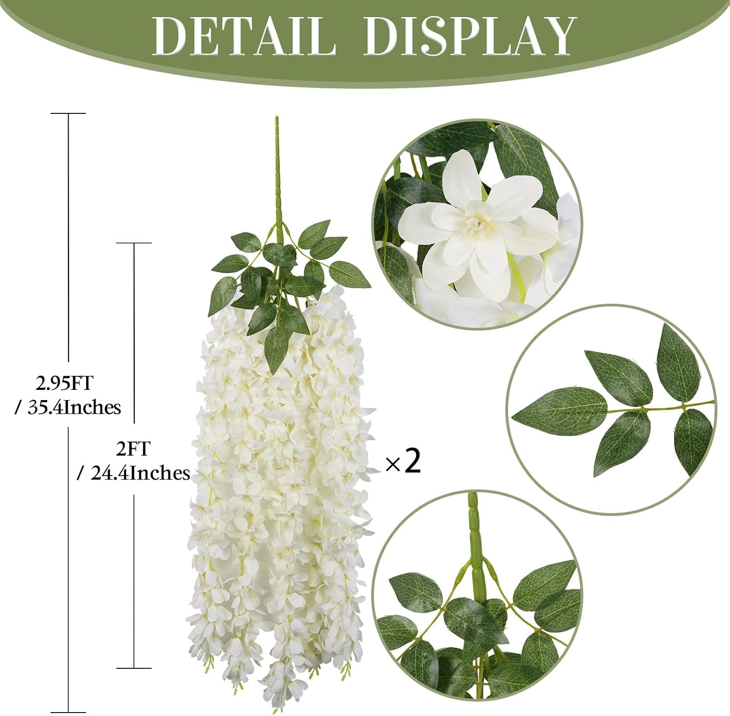 2pcs cream wisteria hanging flowers, 2.95ft wisteria garland with 5 branches realistic silk hanging flowers for decoration, wedding arch, party backdrop, and home wall decor