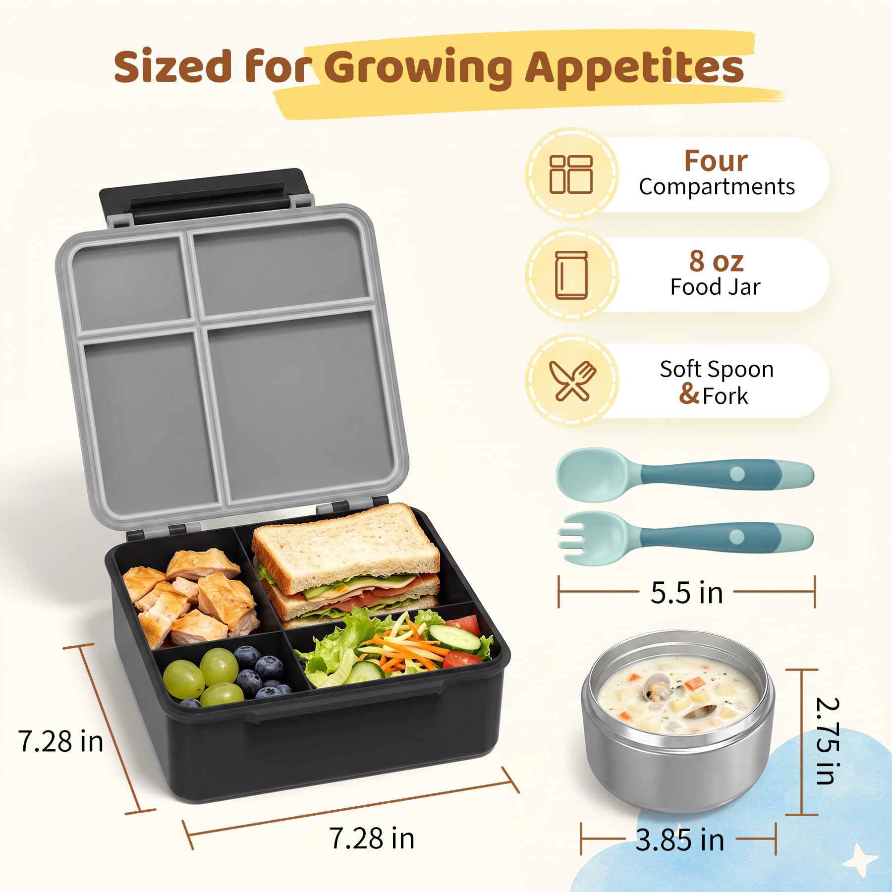 Pawtong Lonchera Bento con termo de sopa de 8 onzas, recipientes de comida a prueba de fugas para niños con 4 compartimentos, tarro de comida caliente con aislamiento térmico para niños, para la