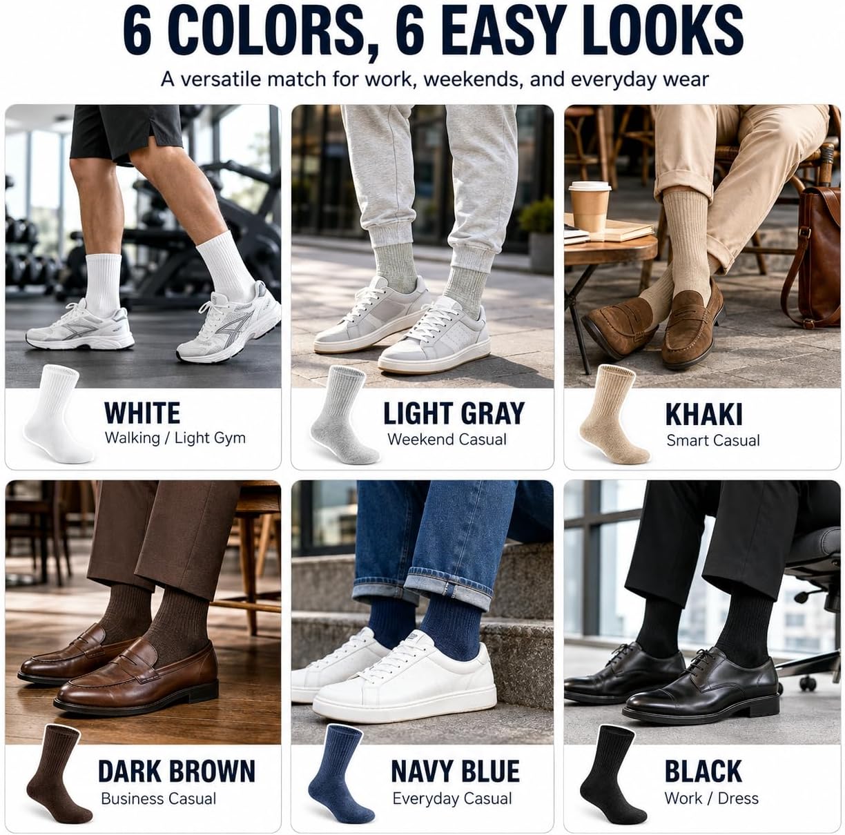 Men's Crew Socks, Lightweight Casual Cotton Socks for Men, Moisture Wicking Breathable Smooth Toe, 6 Pairs,Size 7-11