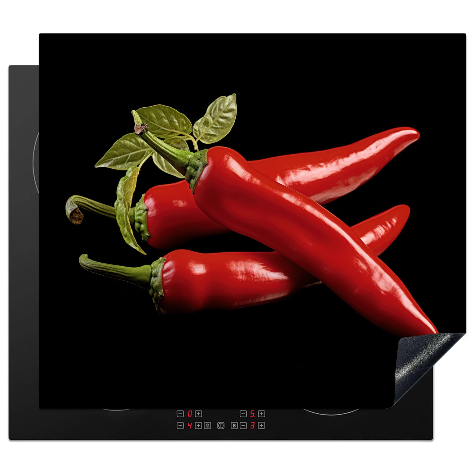 KitchenYeah© Induction Hob Protector Mat 20.3"x22.7" / 57.6x51.6 cm Cooker Top Protectors Cover Ceramic Covers Electric Hobs Vinyl Red Pepper - Red - Herbs - Spices - Black