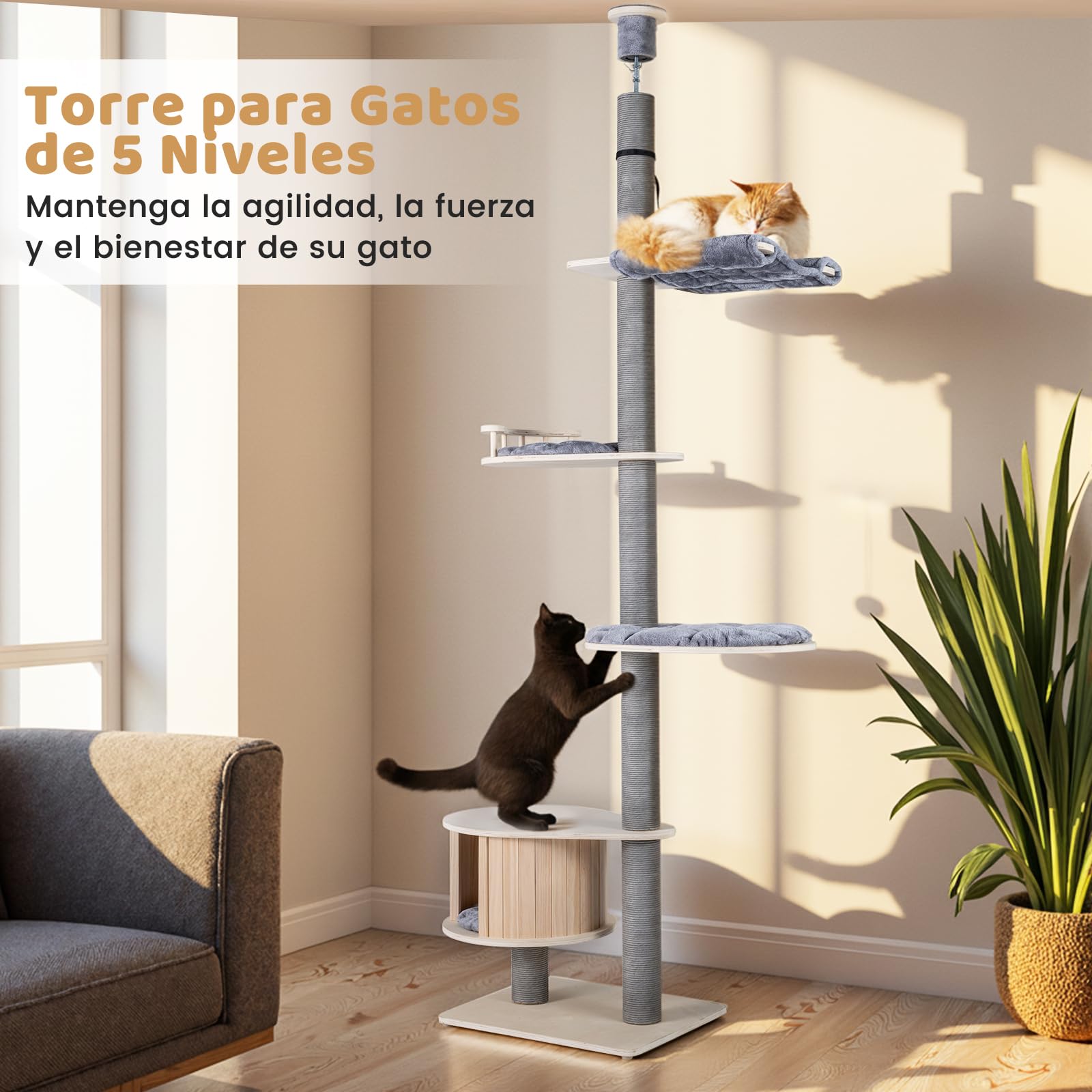 COSTWAY Árbol Rascador para Gatos de 236-271 cm Ajustable en Altura, Árbol para Gatos de Suelo a Techo con Percha, Condominio, Postes Rascado, Plataformas y Cojines, Torre Gato Alta de 5 Niveles, Gris