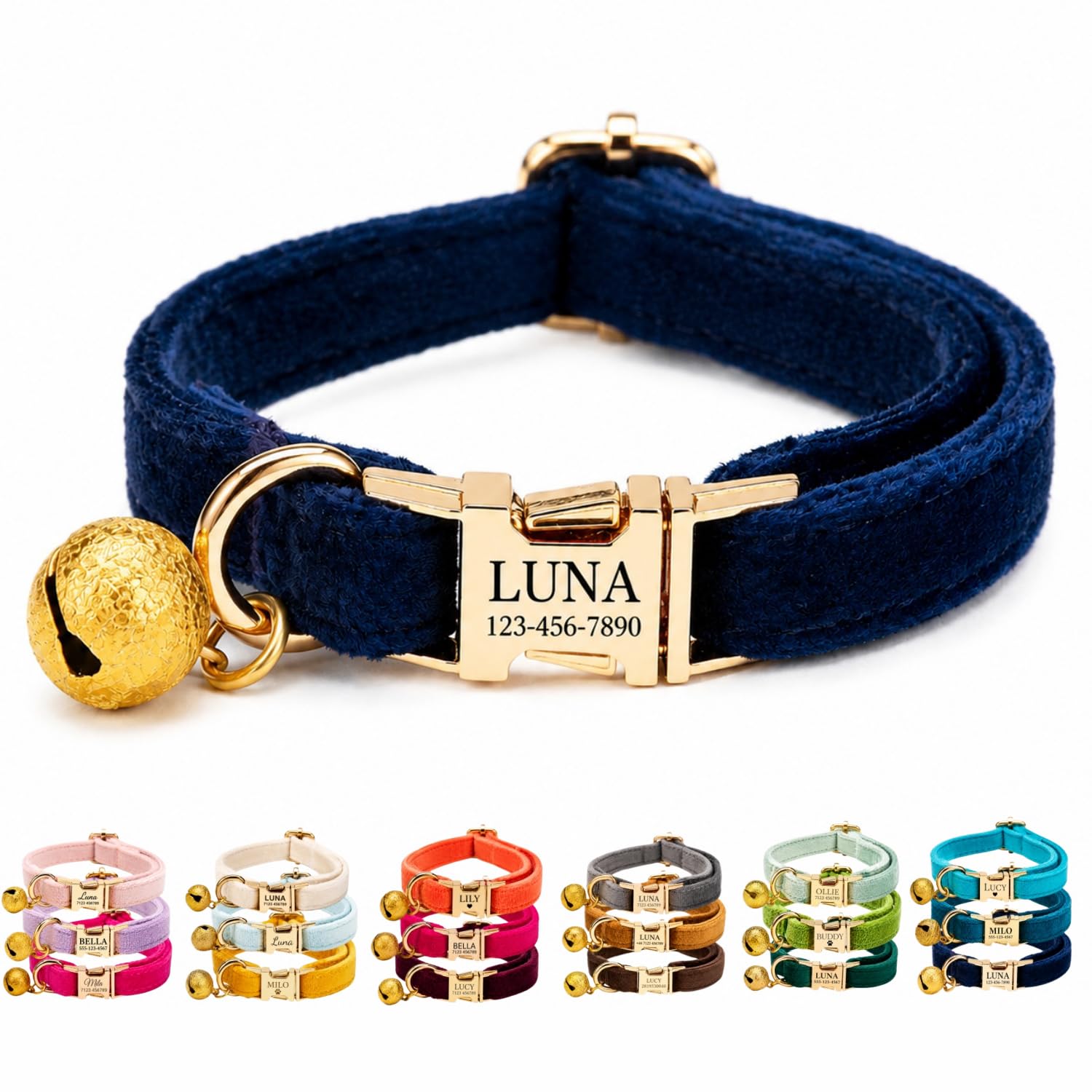 Velvet Personalised Cat Collar with Name & Phone Number Engraving – Adjustable Pet Collar with Metal Buckle & Bell – Soft Kitten ID Tag Collar for Cats Puppy – Gift for Pet Owners UK