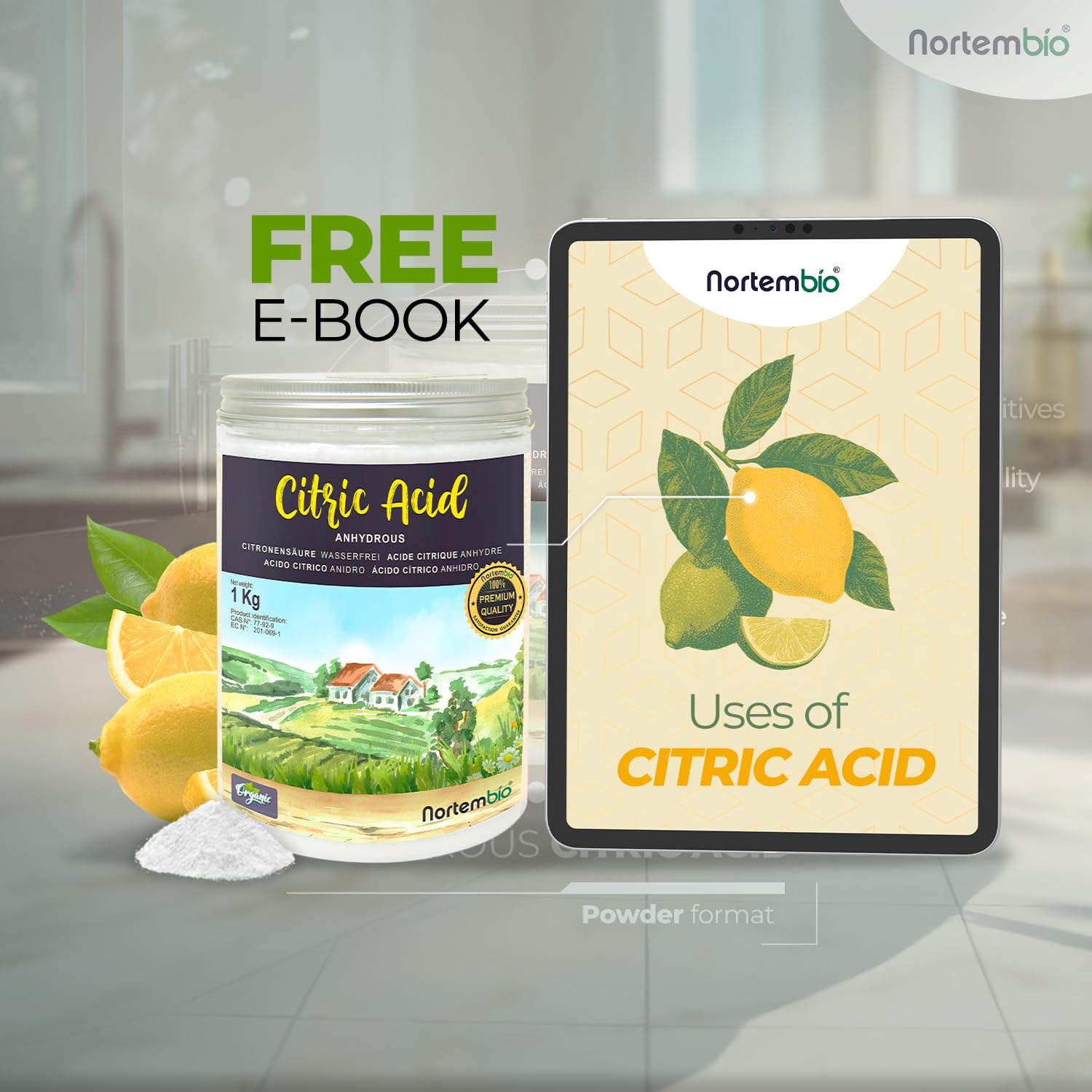 Nortembio Acido Citrico Ecologico 2,5 kg – Acido Citrico Anidro Concentrato 100% Puro Certificato – Materia Prima per Produzione Biologica – Pulizia Domestica Multiuso – Senza OGM – E-Book Incluso