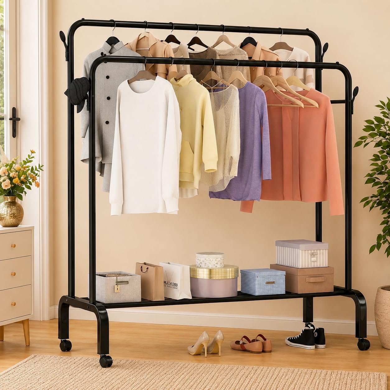 SNKR ESSENTIALS Heavy Duty Clothes Drying Stand for Clothes – Double Rod Cloth Drying Stand Metal with Wheels & Side Hooks | Foldable Clothes Rack Kapde Stand for Balcony,Bedroom,Home