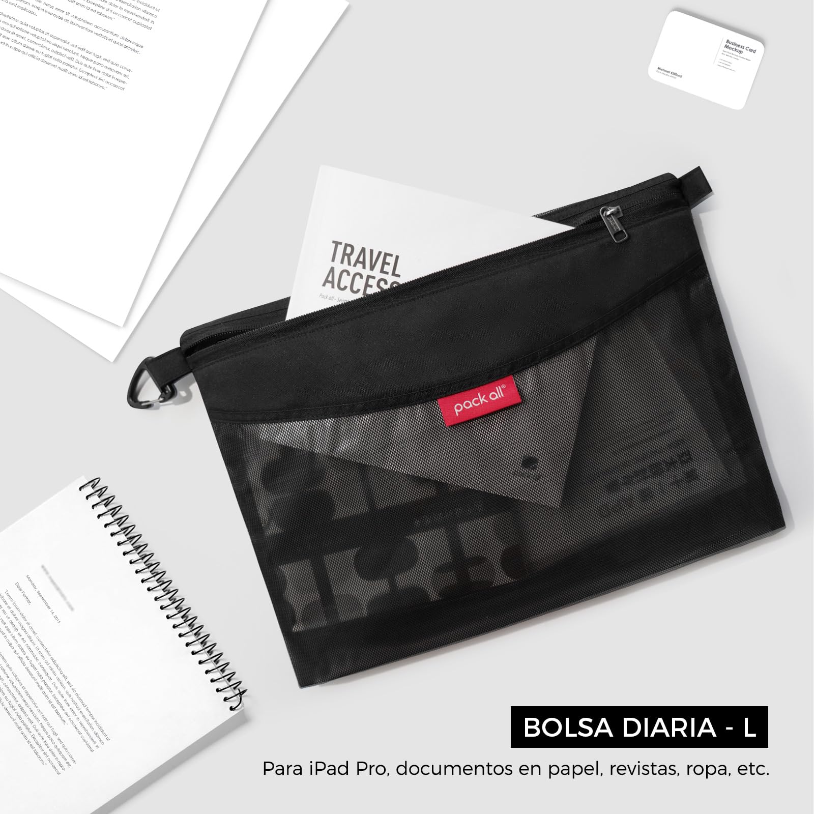 pack all Bolsa con Cremallera de Malla Resistente al Agua, 26 × 36 cm, L | Con Gancho, Malla TPU Semitransparente, Para Artículos de Viaje, Oficina y Uso Diario, Ideal para Maleta y Mochila, Negro