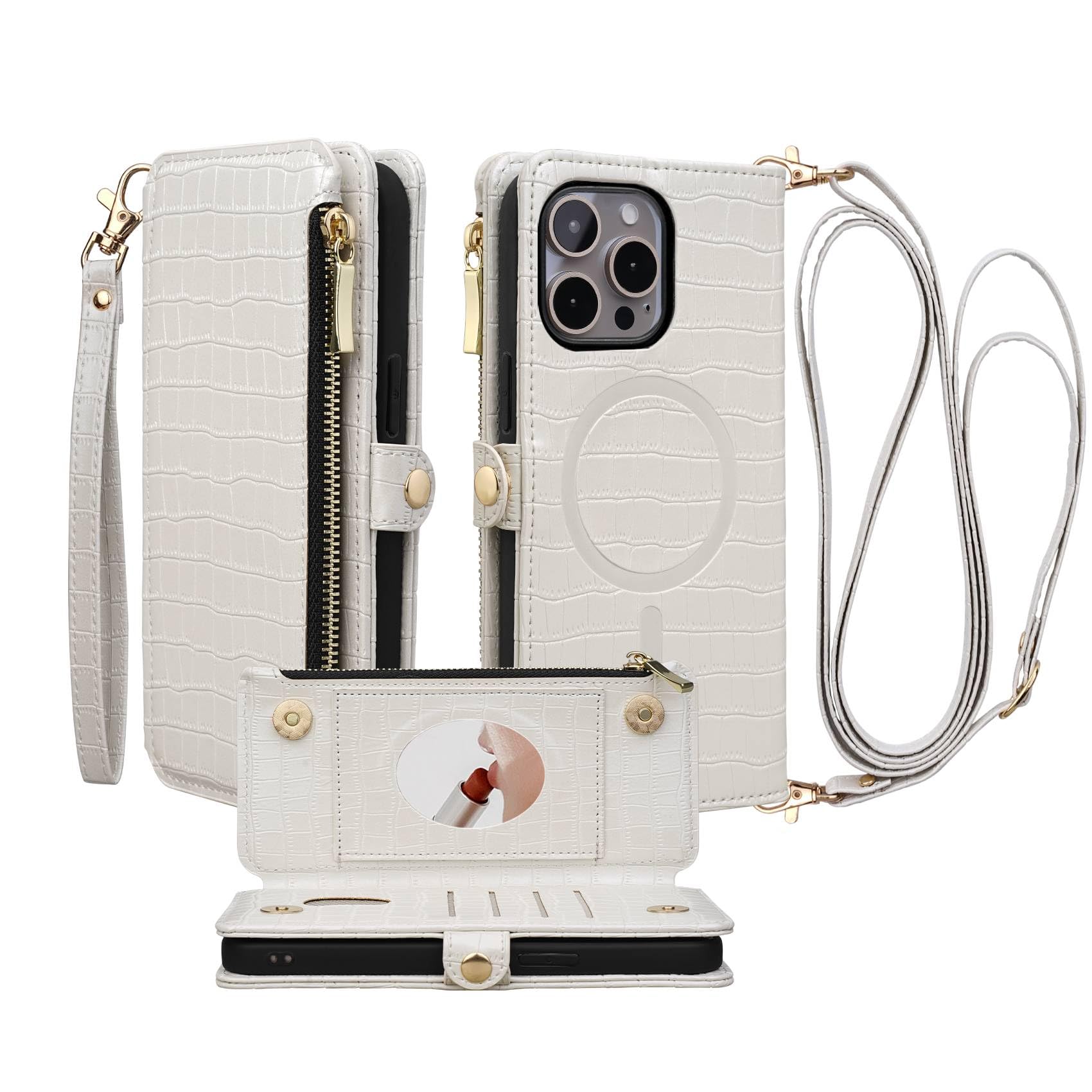 Stylivolve Crossbody Wallet Case for iPhone 14 Pro Max with Mirror, Wrist  Strap, Zipper Purse Magnetic Flip RFID Blocking Card Holder, Wireless