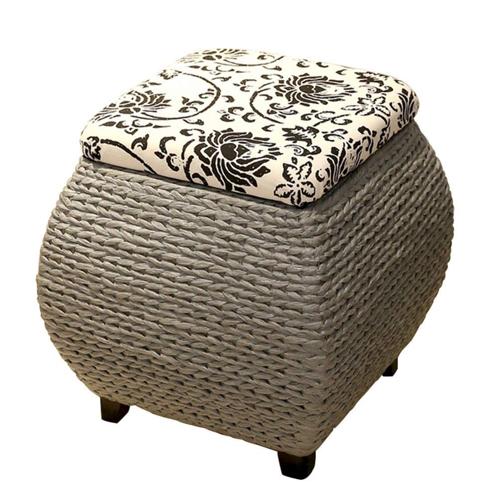 Pouf gris 40x40x40cm en tissu tissé main et bois massif pour salon