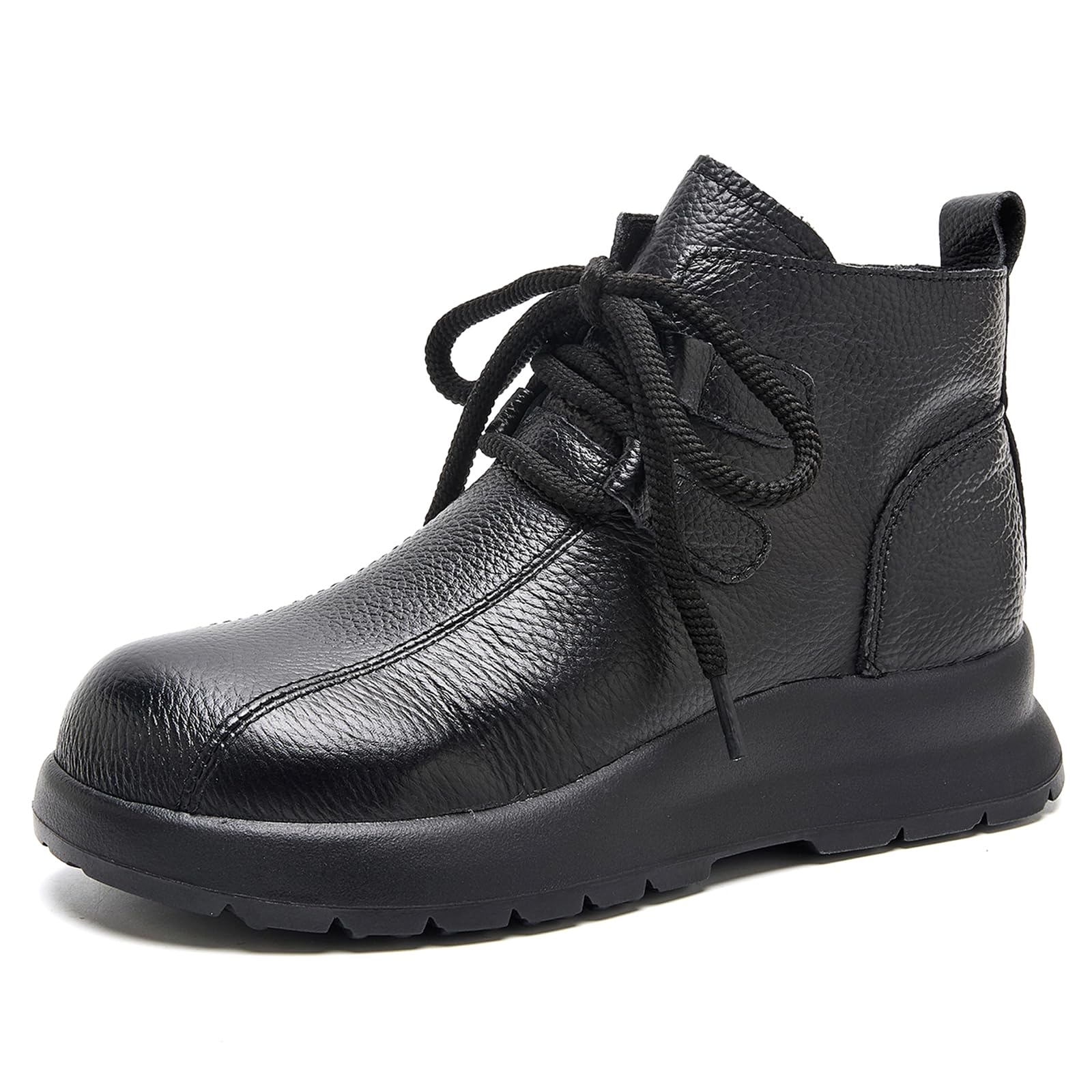 Womens Leather Side-Zipper Platform Ankle Boots Comfortable Soft Thick Sole Lace-Up Round Toe Short Flat Booties For Daily