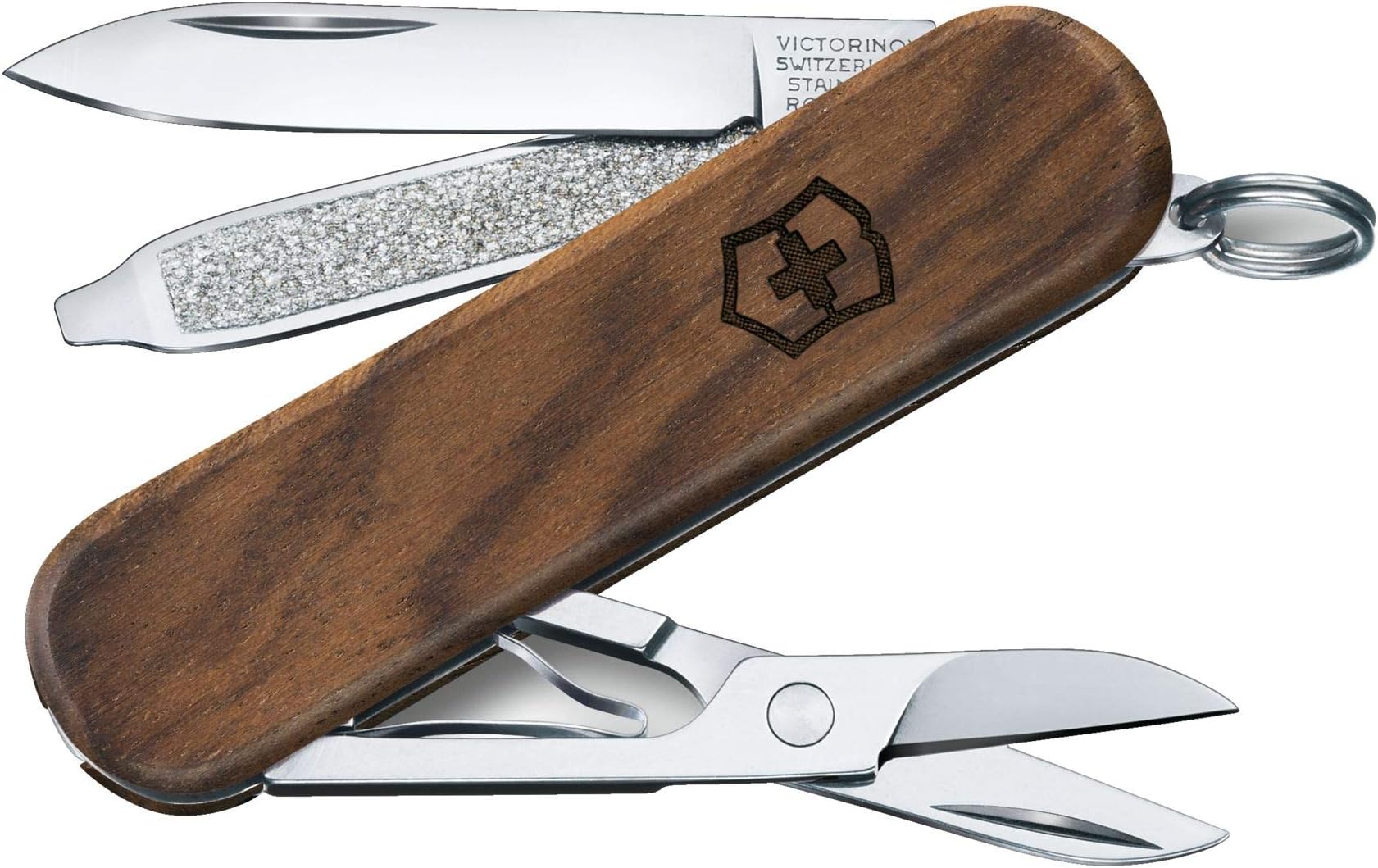 Victorinox Classic SD Walnut Swiss Army Knife, Compact, 5 Functions, Swiss Made Pocket Knife with Small Blade, Screwdriver and Key Ring - Wood