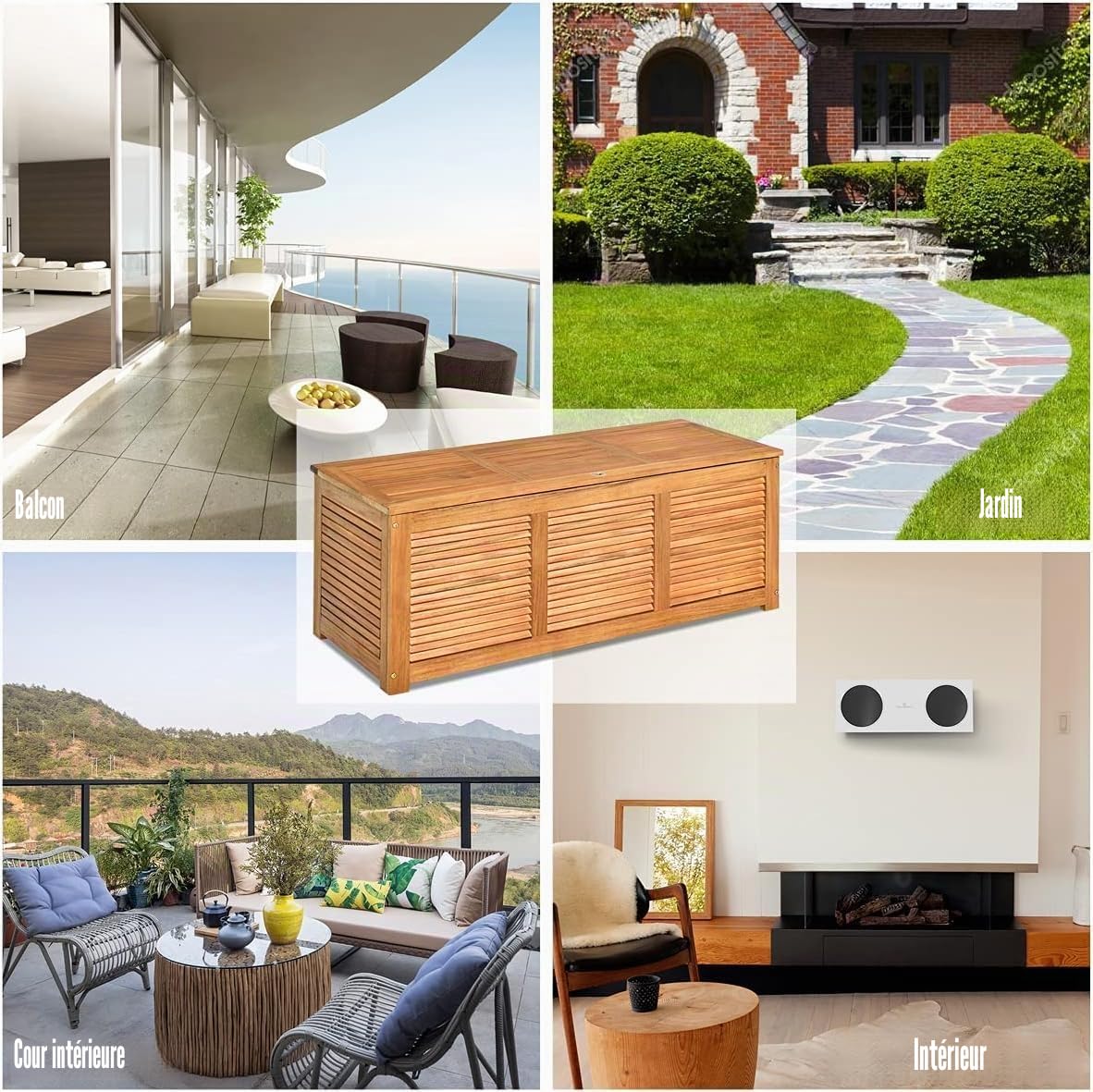 FANTASK Coffre de jardin en bois d'acacia - 179 l - Boîte de rangement - Boîte à coussins - Naturel