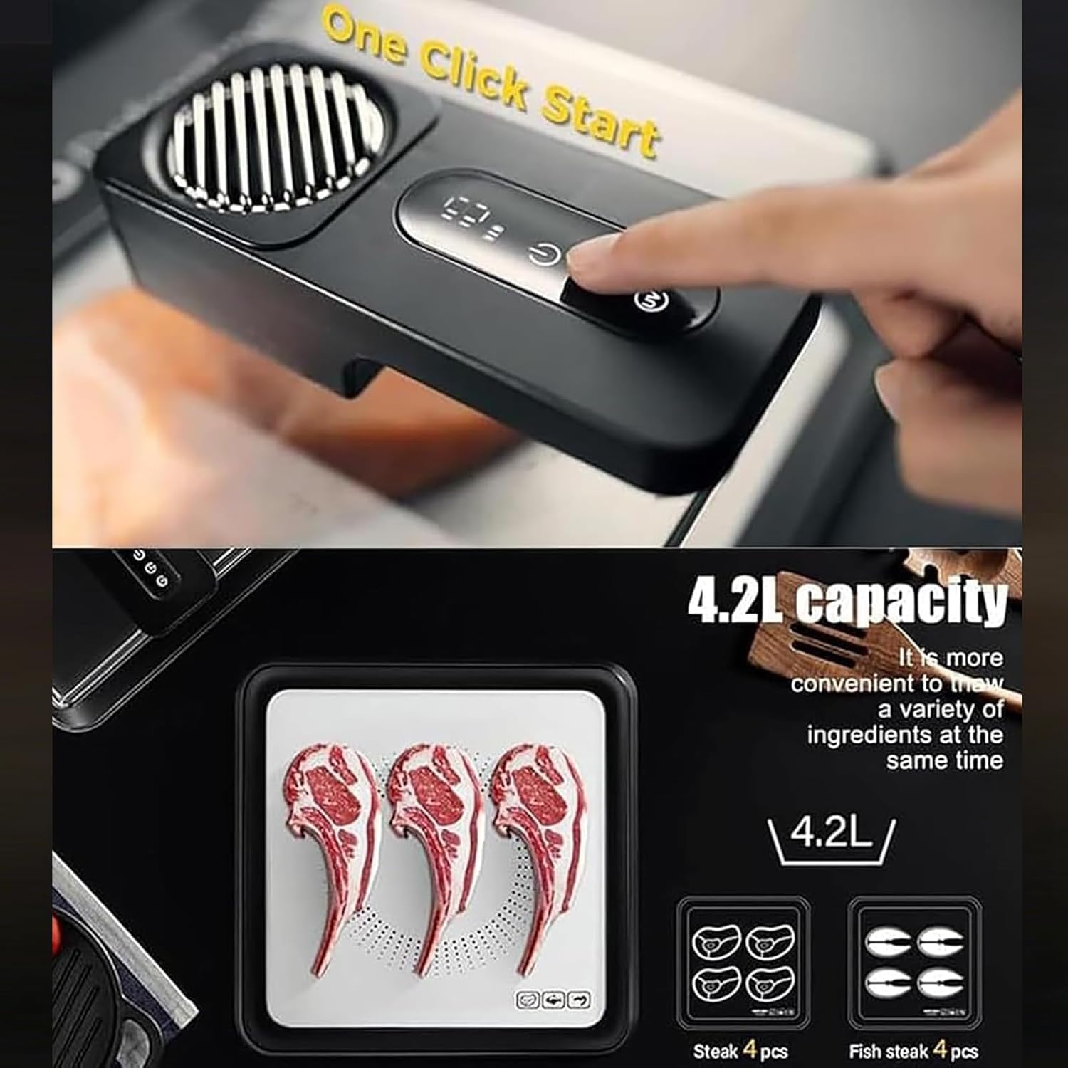 Caja Eléctrica para Descongelar Alimentos, Caja para Descongelar Carne De Gran Capacidad (4,2 L), Descongelación Rápida Y Eficiente En 10 Minutos, con Temporizador Black
