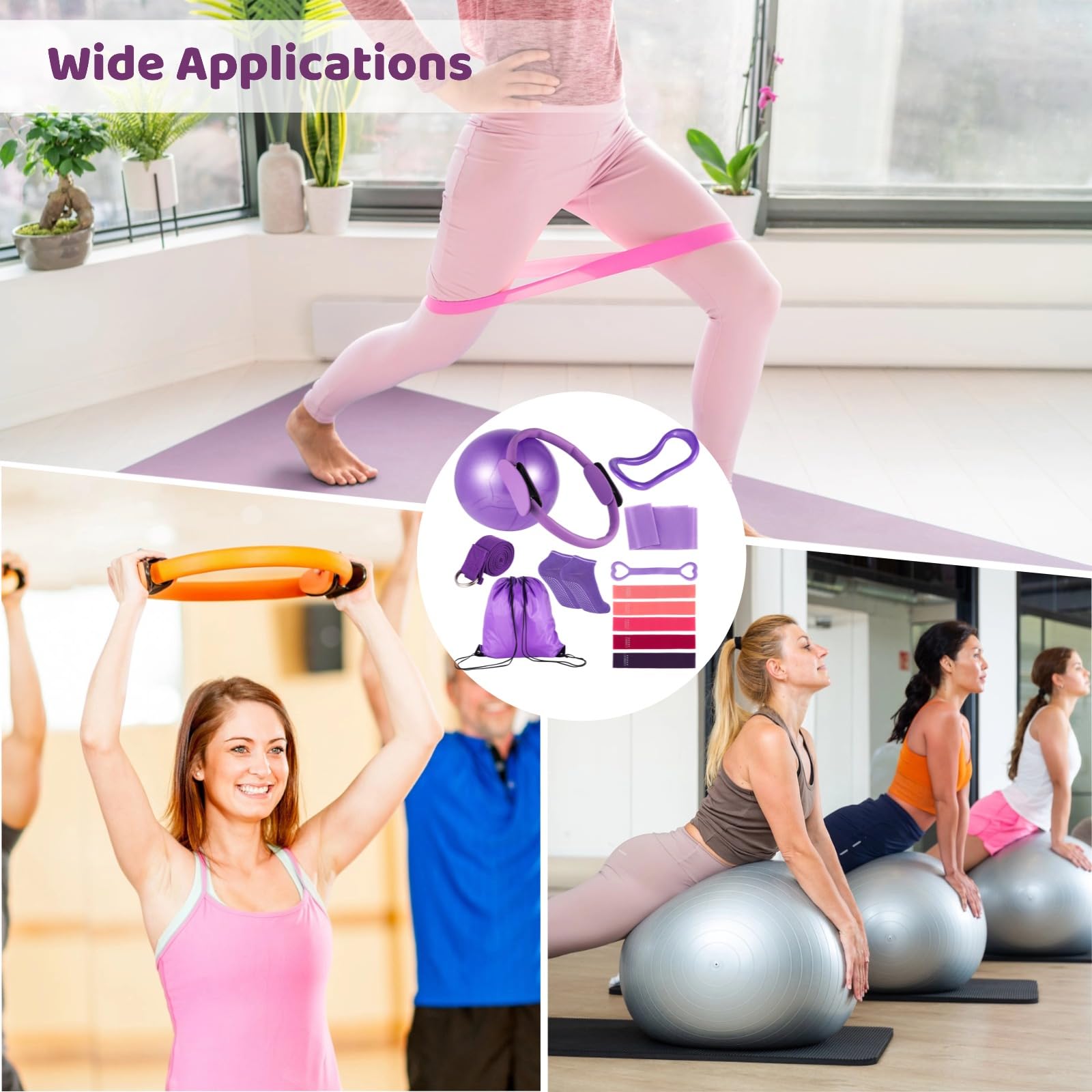 Pilates-Ring-Set für Damen, mit Pilates-Ball, Widerstandsbändern, Yoga-Gurt, Pilates, Essentials, Violett, 13-teilig