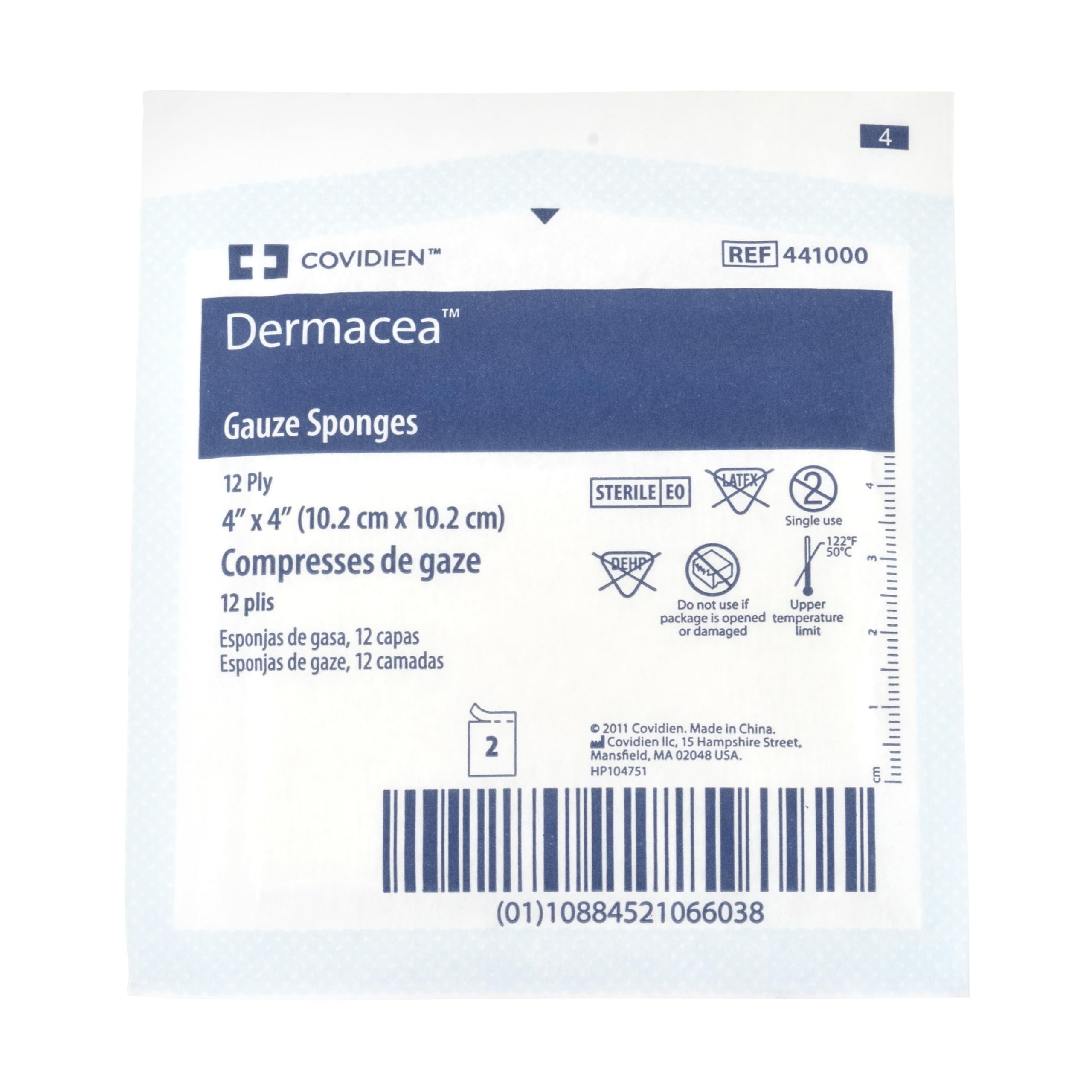 Cardinal Health™ Dermacea™ Spugna di garza tessuta standard, sterile, 10,2 x 10,2 cm, 12 strati, 441000, confezione da 1200