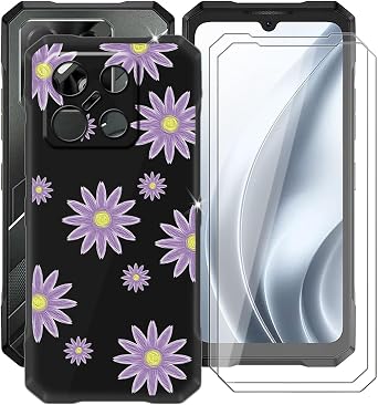 Shockproof Phone Case for Doogee Blade GT Pro 6.72" + 2 Pack Tempered Glass Protective Film, Slim Soft Silicone Shell Anti Scratch TPU Cover for Doogee Blade GT Pro - Purple Flower
