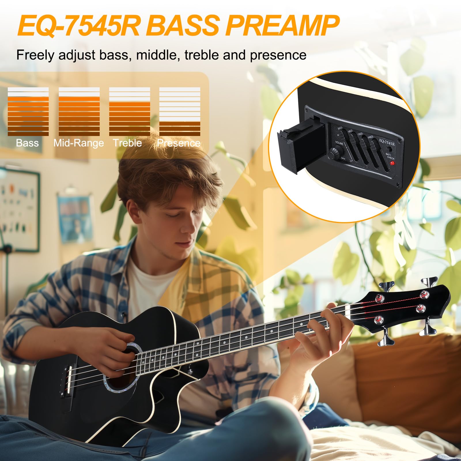 Ktaxon 4-strunowa akustyczna gitara basowa, pełnowymiarowy zestaw gitary basowej z przenośną torbą na gitarę, kabel premium, klucz, pasek, plektron (czarny)