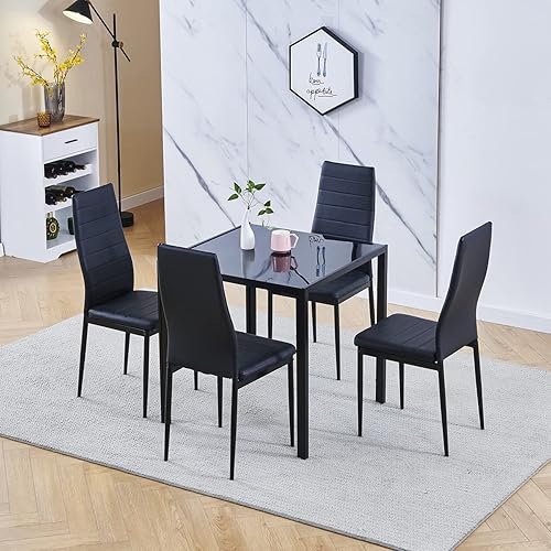 Miniatura 21 de Juego de 4 mesas de comedor y sillas de comedor de cristal negro de 5 piezas, moderna mesa cuadrada de cocina pequeña y 4 sillas de comedor que