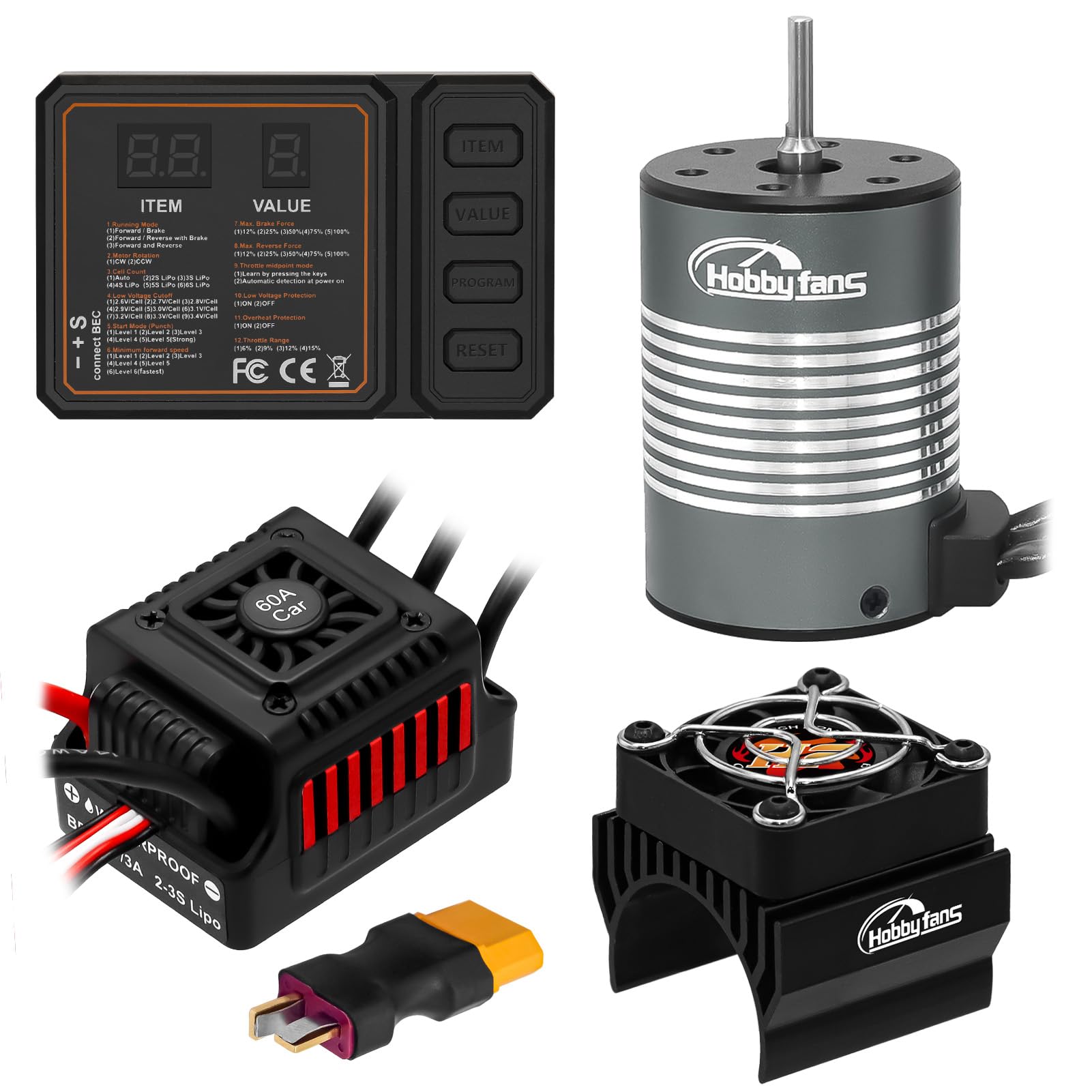 Hobby Fans Waterproof S3650 3900KV Brushless Motor 3.175mm Shaft with 60A Brushless ESC Electric Speed Controller Combo Set with Heatsink and Programming Card for 1/10 Remote Control Car Truck, Red