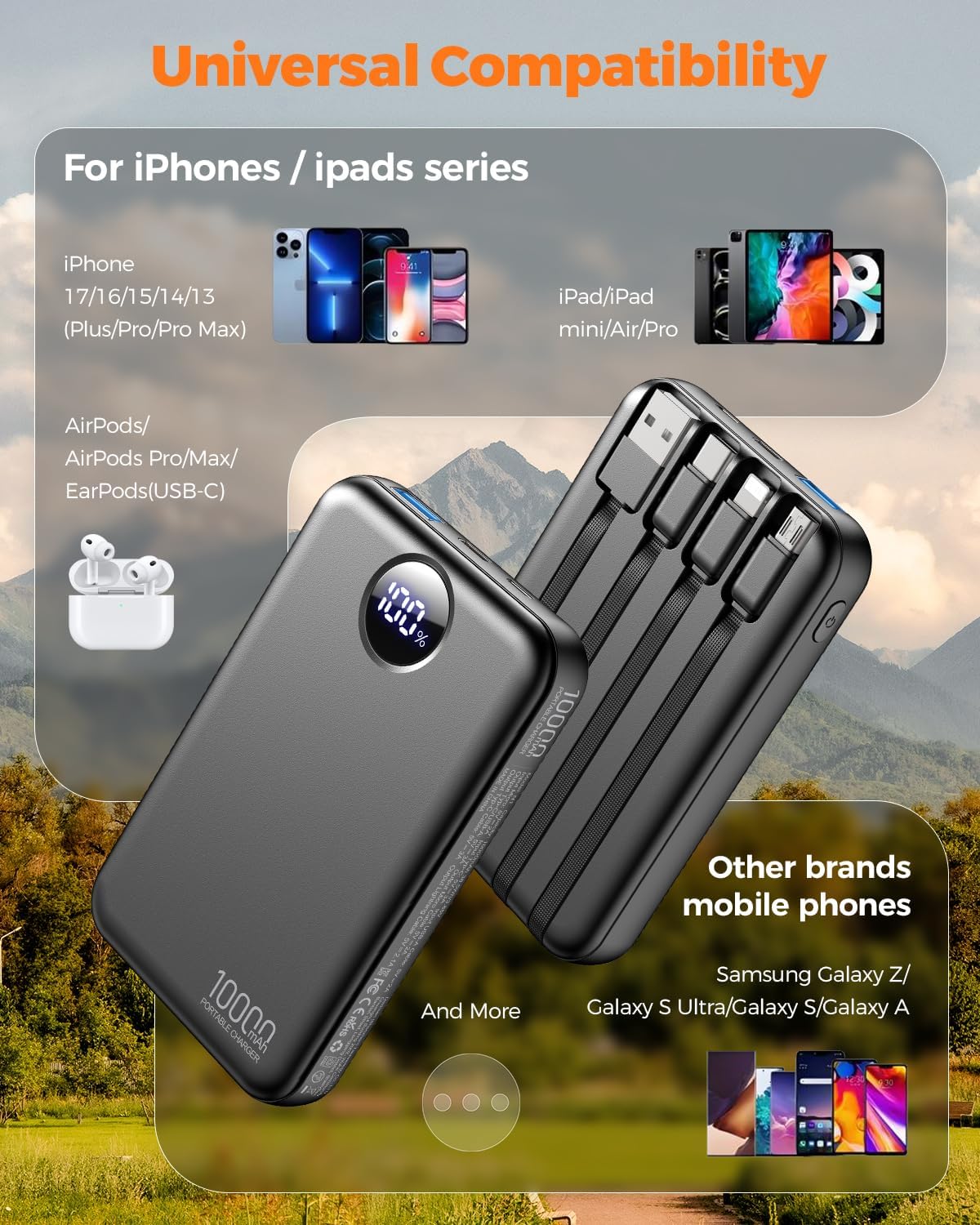 Portable Charger 10000mAh Power Bank with 4 Built-in Cables,LED Display Compact and Battery Pack with Multiple USB Ports All-in-One Travel Charger for iPhone,Android and Other Devices-Black - Image 3