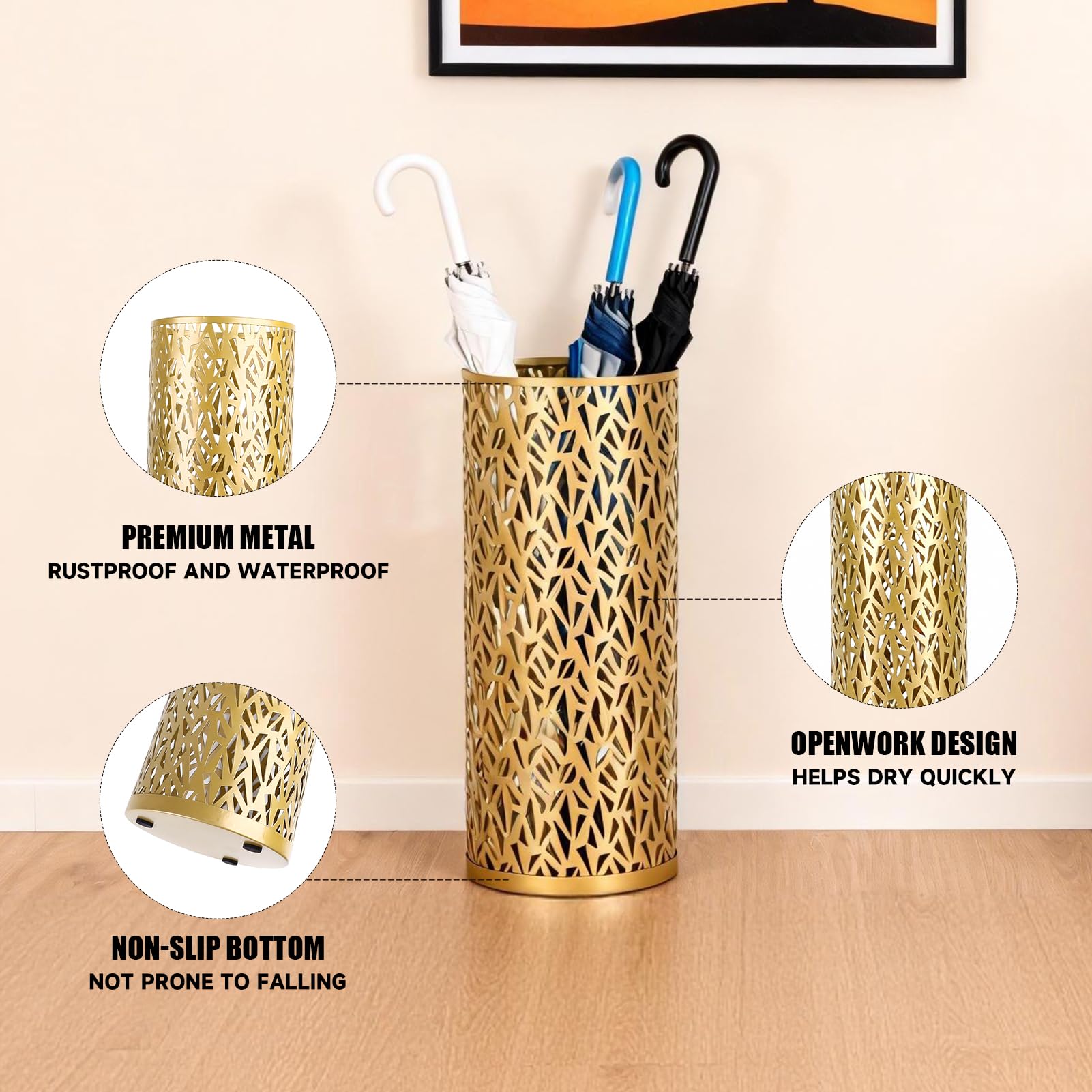 Regenschirmständer, Schirmständer Metall, 5.91x16,54in (ØxH) Schirmständer rund Organizer für Regenschirm, Dreieckiger hohler für Haus Büro Eingang Lagerung Regenschirme (Goldene L)