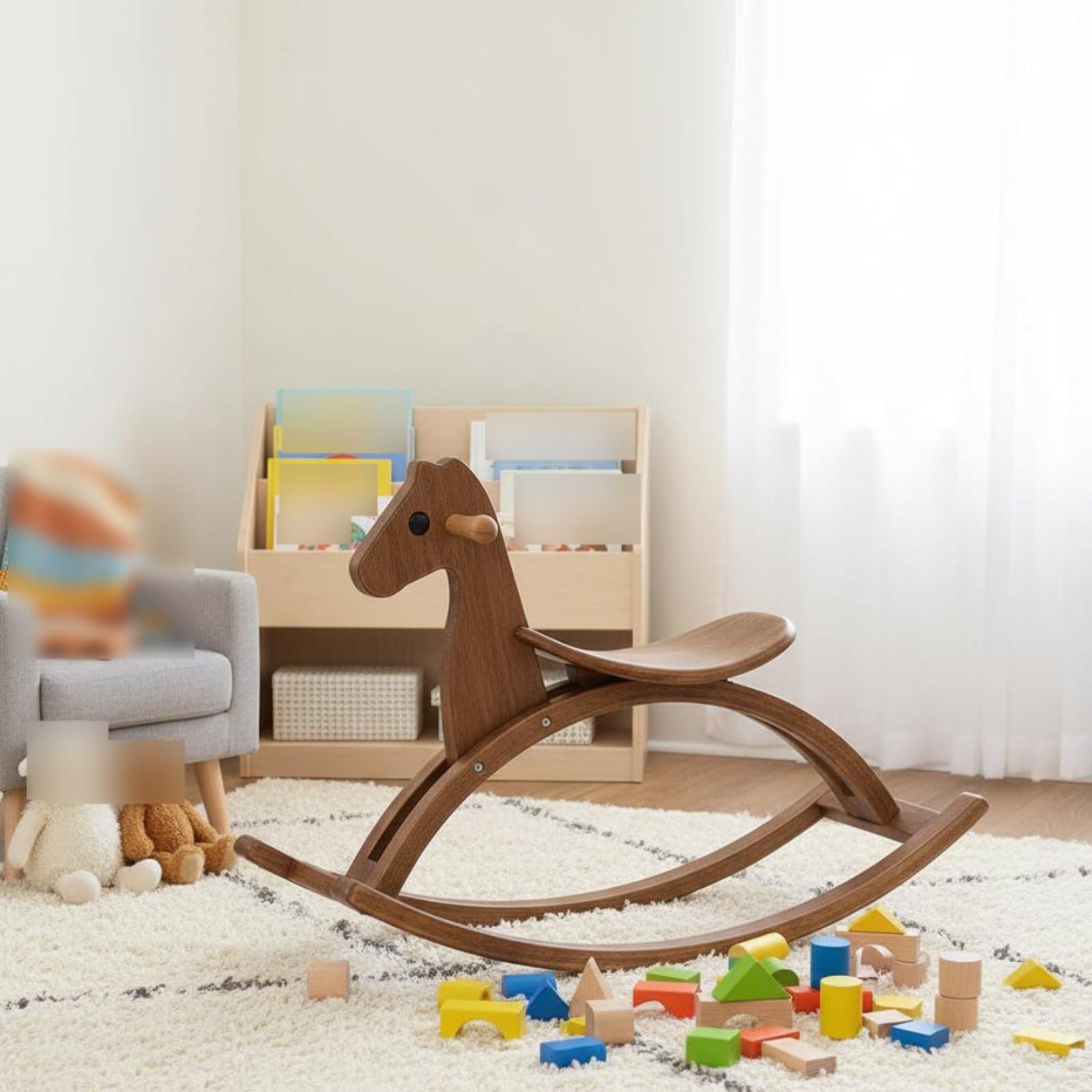 Sedia a Dondolo per Bambini Giocattolo a Dondolo Cavalluccio in Legno Seggiolina Dondolante Poltroncina Dondolante con Design Curvo Minimal E Venature, color to 1