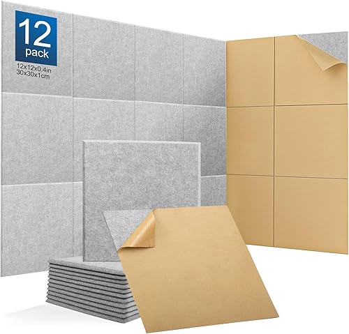 Paquete de 12 paneles acústicos autoadhesivos de pared de 12 x 12 x 0.4 pulgadas, paneles acústicos de sonido de alta densidad, paneles de pared