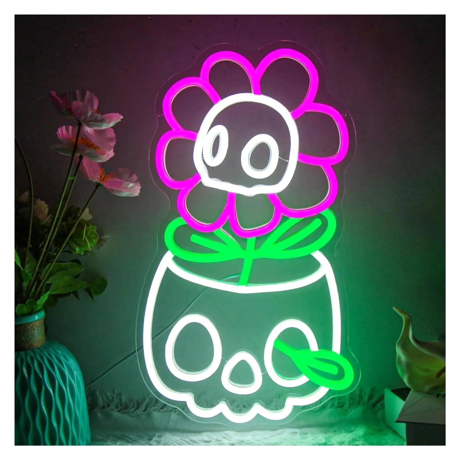 RONGCH Hanging Art Signs Cute Skull Flower Neon Sign Wall Decoration for Bedroom Gameroom Livingroom Birthday Party 40.5x24cm