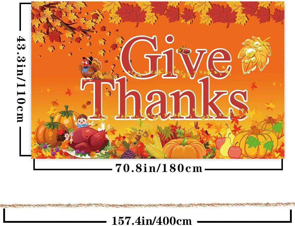 GIVE Thanks Extra Large Fabric Sign Poster Banner Backdrop for Thanksgiving Day Party Decorations with Pattern Pumpkin Maple Leaf Turkey Corn Fruit Welcome Autumn Hang Outdoor Indoor 43.3"x70.8"