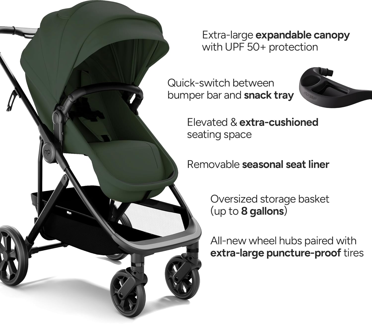 Mompush Wiz Pro 4-in-1 Baby Stroller with Bassinet Mode, Full-Size All-Terrain Premium Stroller from Newborn to Toddler, Snack Tray Included for Easy Feeding & Outing, Lay-Flat in Seconds
