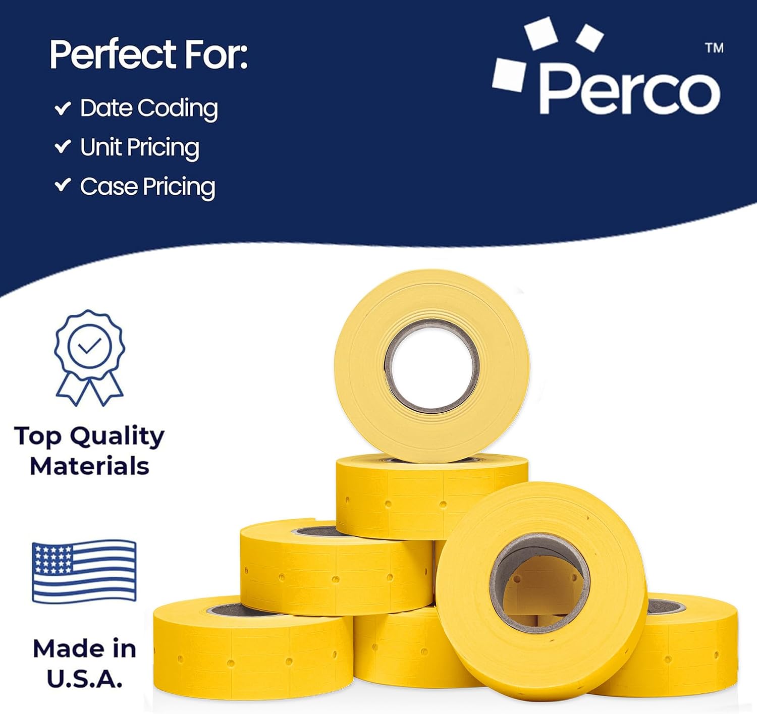 Perco 2 Line Yellow Labels - 60,000 Blank Price and Date Gun Labels for Perco 2 Line Price and Date Guns - 80 Rolls, 10 Sleeves - Made in USA
