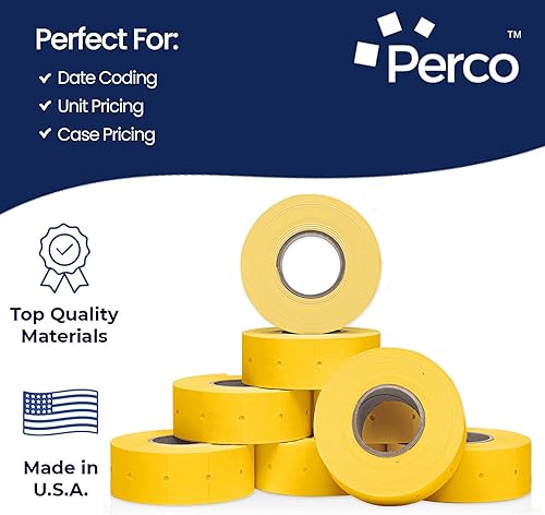 Miniatura 4 de Perco Etiquetas amarillas de 2 líneas, 8 rollos, 1 manga, 6,000 etiquetas de precio en blanco y fecha para pistolas Perco de 2 líneas de precio y