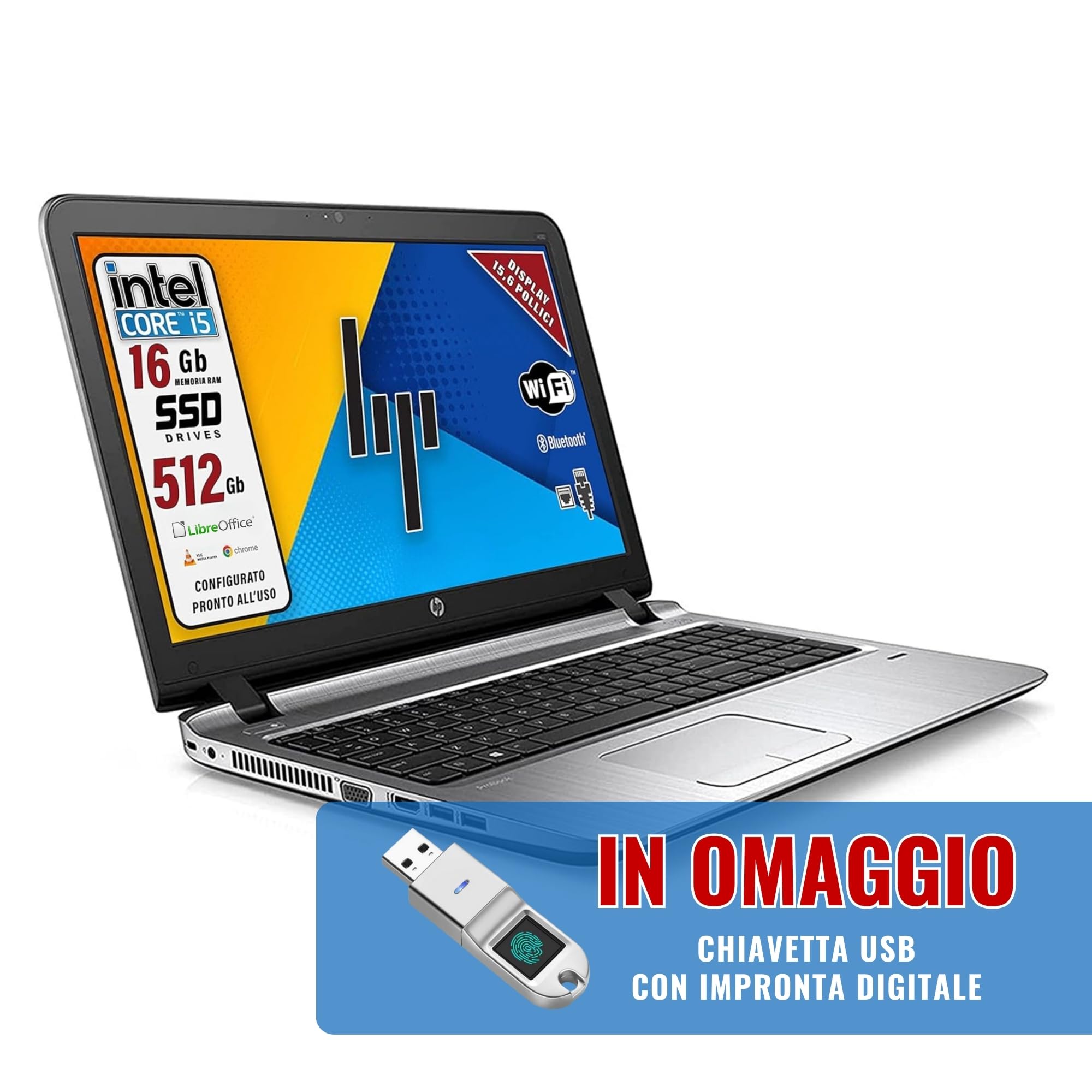 HP, Probook, Pc Portatile Notebook Intel i5-6th, Display HD da 15,6", Ram 16Gb, SSD 512Gb, Pacchetto Libre, Chiavetta FInger Print (Ricondizionato)