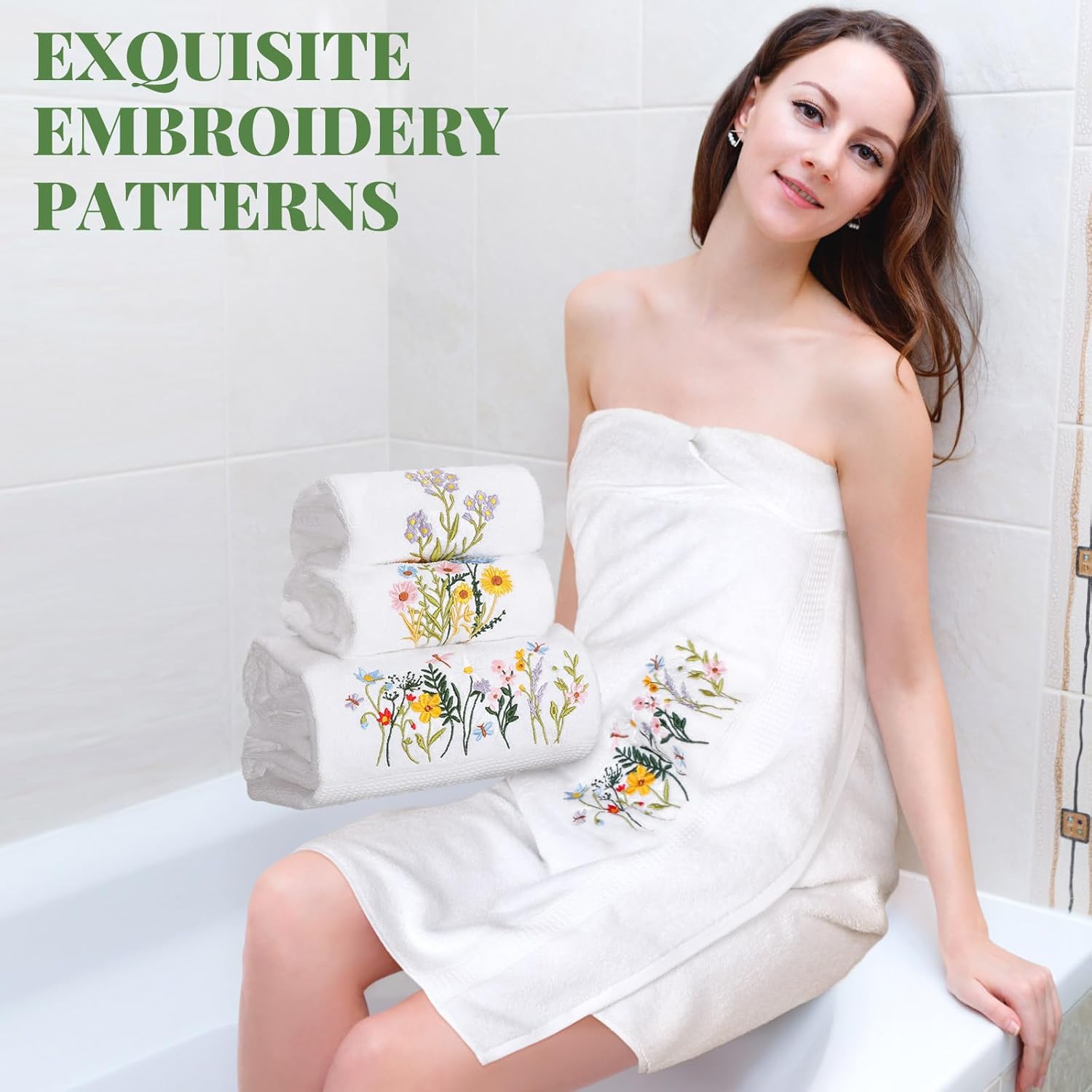 Moukeren 3 Pcs Spring Wildflower Floral Bathroom Towel Set Farmhouse Decorative Flowers Towel Vintage Embroidered 100% Cotton Bath Highly Absorbent Fingertip Spring Decor for Bathroom - Image 5