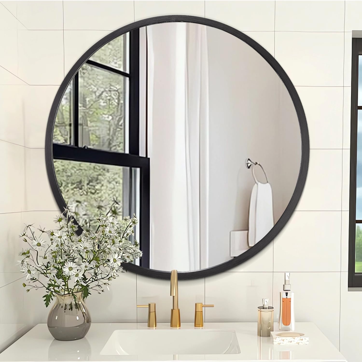 AOAOPQ Metal Brushed Circle Framed Mirrors for Wall Frame Mirror Bedroom Bathroom ative Mirror for Home Balcony Living Room Dressing Room 40 x 40 cm Black