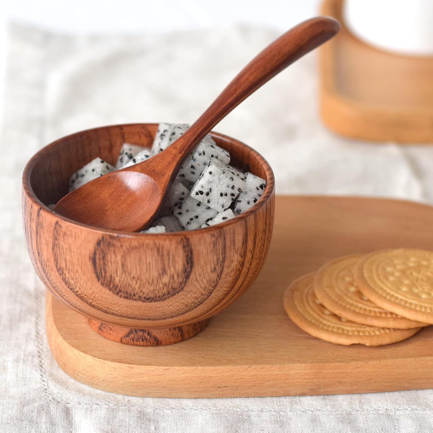 Small Wooden Bowls and Spoons, 11oz. Portion Control Bowls for Snack, Dessert, Japanese Serving Bowls for Rice, Soup, Solid Wood Bowls for Decor (4 Bowls - 4.5IN)