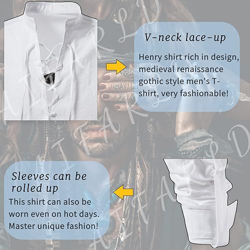 Miniatura 2 de Camisas de manga larga para hombre, estilo retro, con cordones para disfraz medieval, vikingo, hippie, Halloween, cosplay, pirata, renacentista