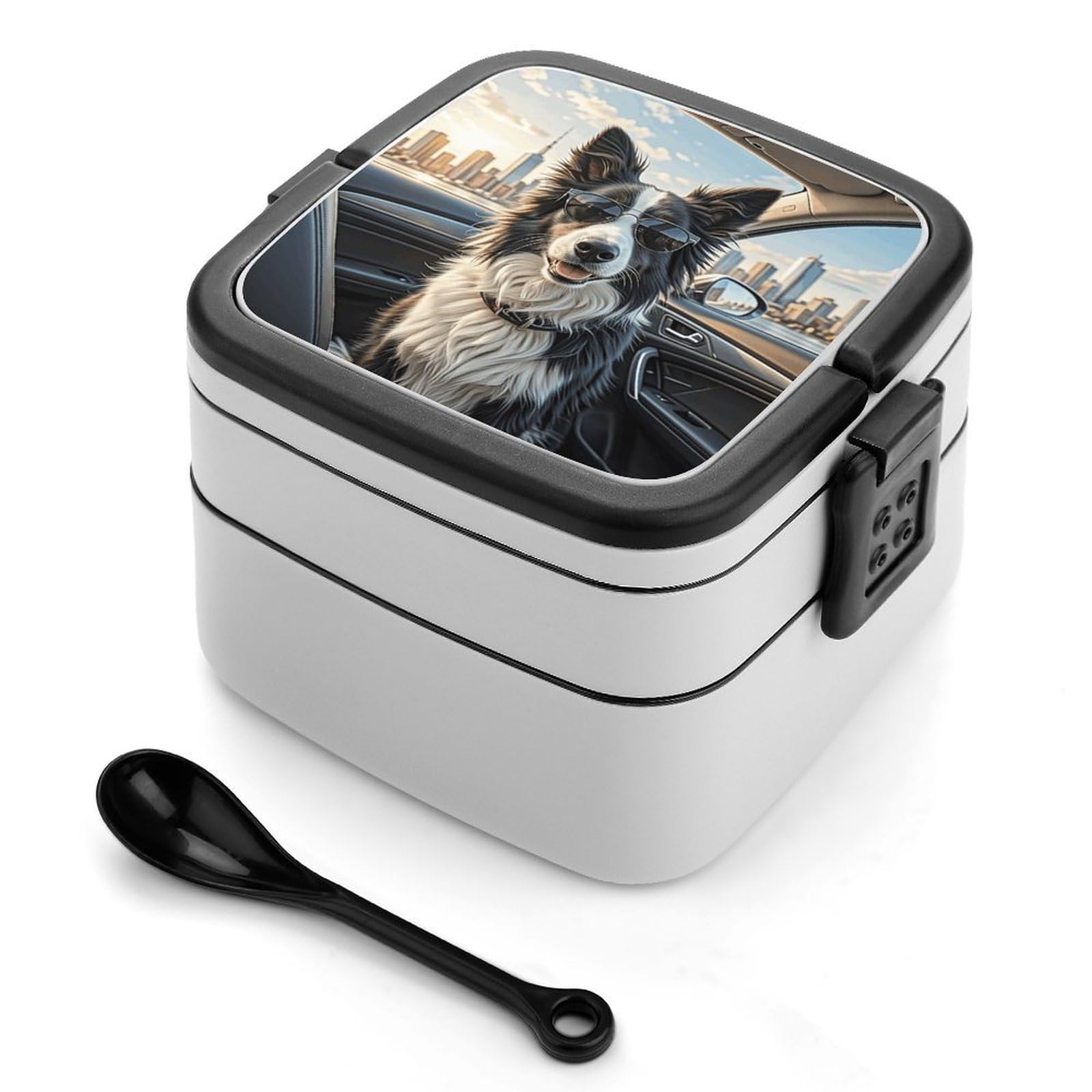 VstaDank Border Collie Dog Bento Box with Compartments Portable Lunch Containers with Spoon Leak Proof Bento Lunch Box Snap-On Design Double-Layer Insulated Lunch Boxes for Work Camping