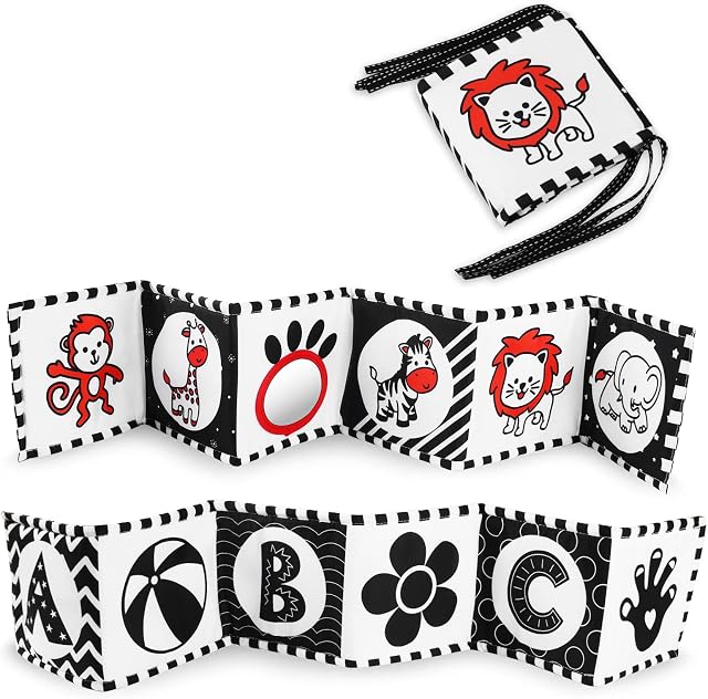 Vicloon Baby Soft Books, Black and White Baby Bath Cloth Book, High Contrast Foldable Soft Fabric Quiet Book, Touch and Feel Crinkle Cloth Books for Babies Infants Toddlers First Book