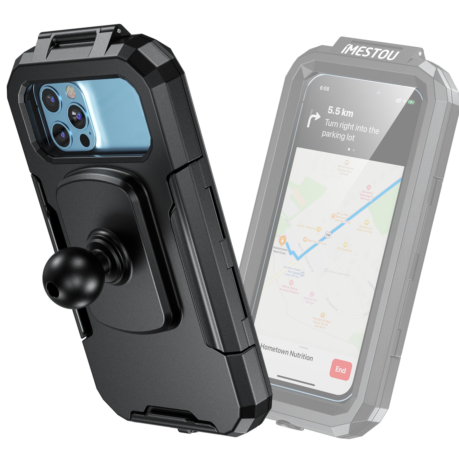 iMESTOU IP66 Support étanche pour Téléphone de Moto avec Tête Sphérique de 2,5 cm Convient pour Les Accessoires de Taille B, pour Téléphones de 5,5" à 6,8" avec Une épaisseur Max Épaisseur 11mm (L)