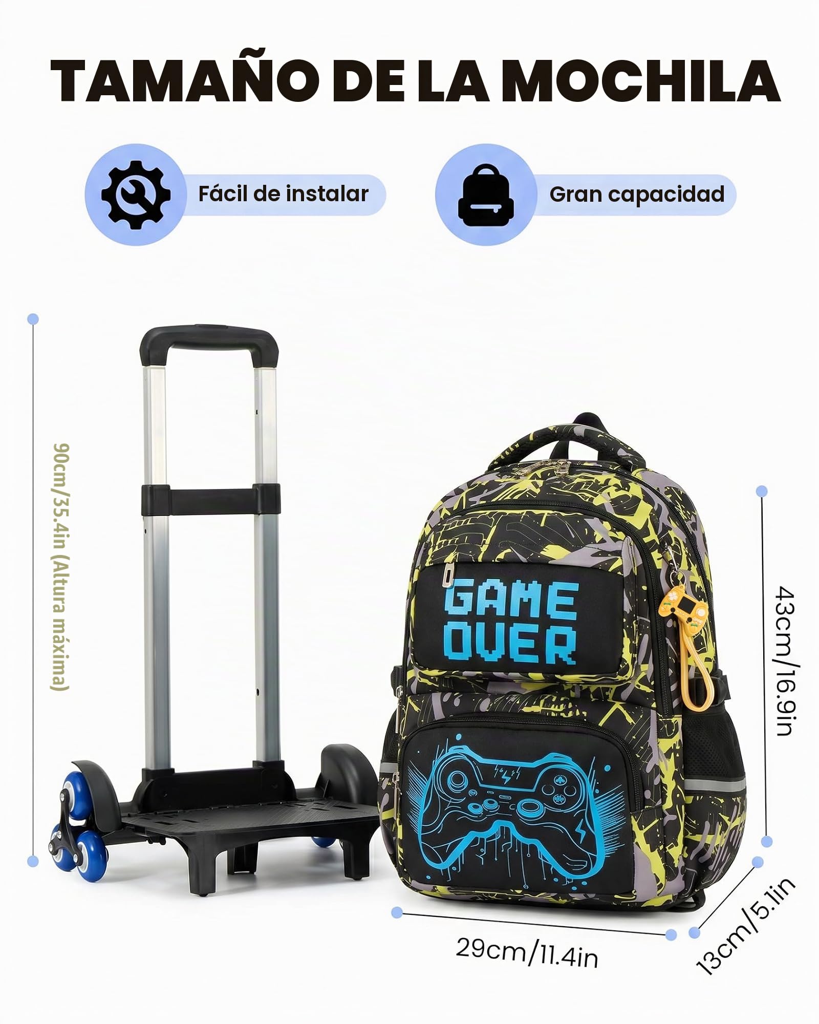 Amythe Mochila Trolley Niños 8 a 12 Años con 6 Ruedas Luminosa, Amarillo | Impermeable Grande Reflectante Ligero Amarillo Daypack Multi-Bolsillos Espacioso Resistente para Colegio Viaje Excursión