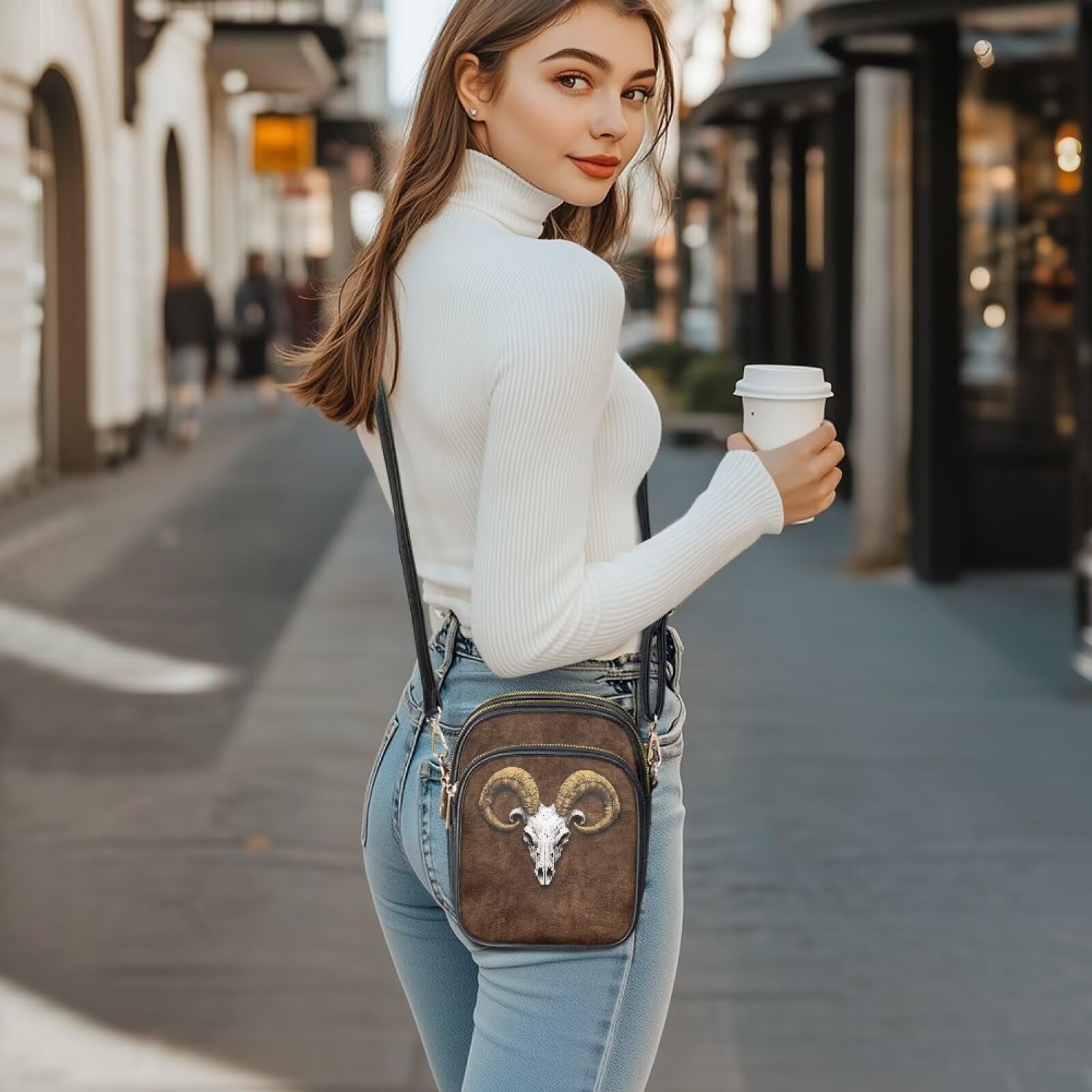 Ram Skull Crossbody torby na ramię dla kobiet małe stylowe torby na telefon komórkowy trójwarstwowa torba crossbody brązowa torebka na ramię z regulowanym paskiem do podróży