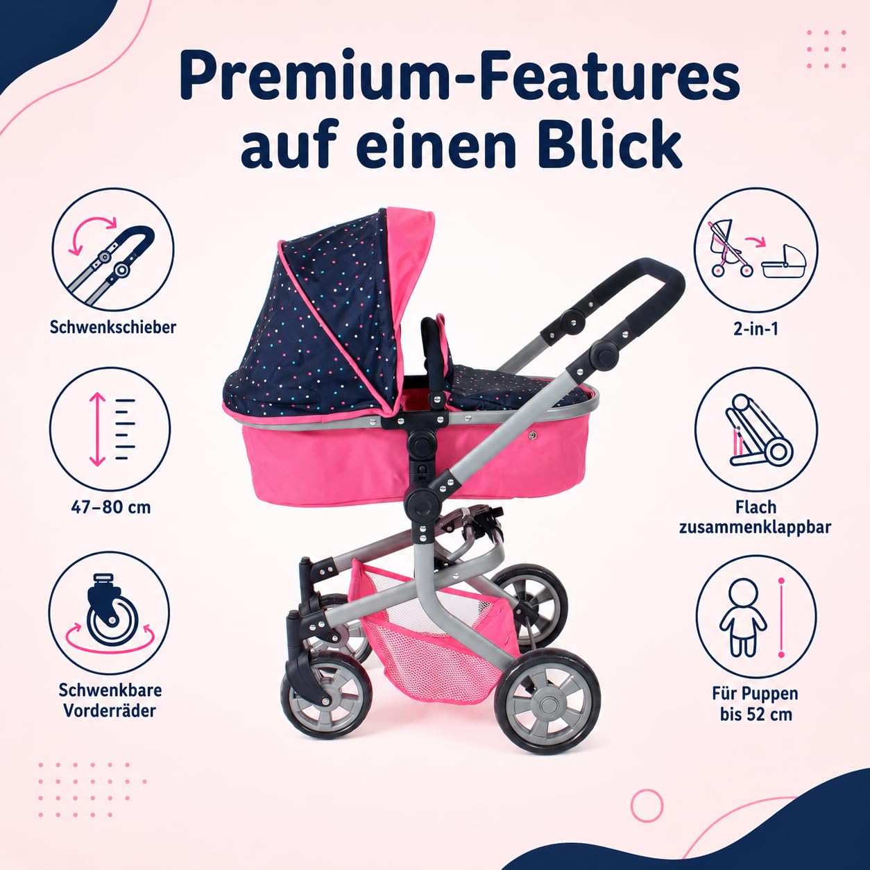 Bayer Chic 2000 - Wózek dla lalek Mika 2 w 1, wózek dla lalek kombi dla dzieci w wieku od 4 do 8 lat, wózek dziecięcy dla lalek do 52 cm, różowe konfetti
