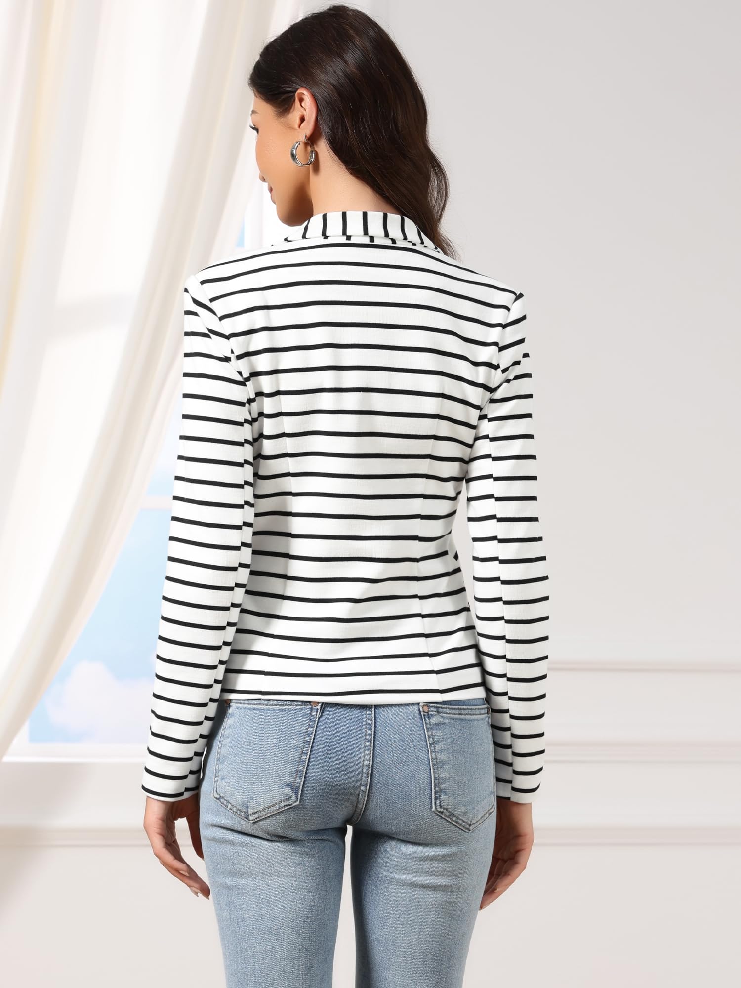 Allegra K Veste Blazer à Manches Longues et col Rabattu boutonné à Rayures pour Femme