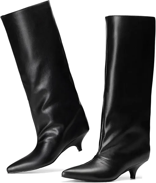 vivianly Knee High Boots for Women Wide Calf Pointed Toe Fold Over Black Boots Kitten Heel Comfortable for Dress & Daily Wear