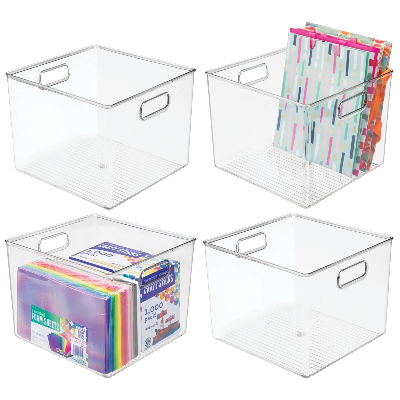 mDesign Small Modern Plastic Storage Organizer Bin Basket with Handles for Craft Room Organization - Shelf, Cubby, Cabinet, and Closet Organizing Decor - 4 Pack - Clear