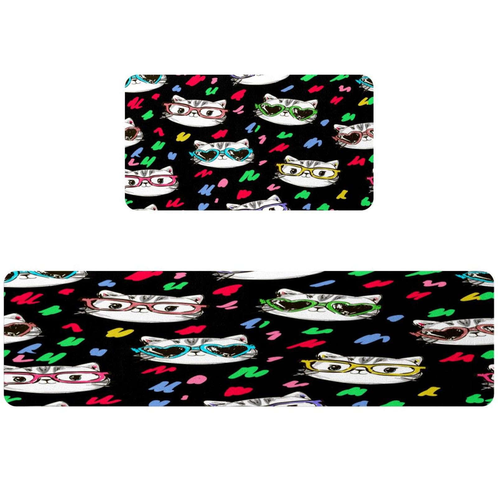 Alfombrillas de cocina VAPOKF con diseño de gato y gafas de sol, juego de 2 alfombras lavables